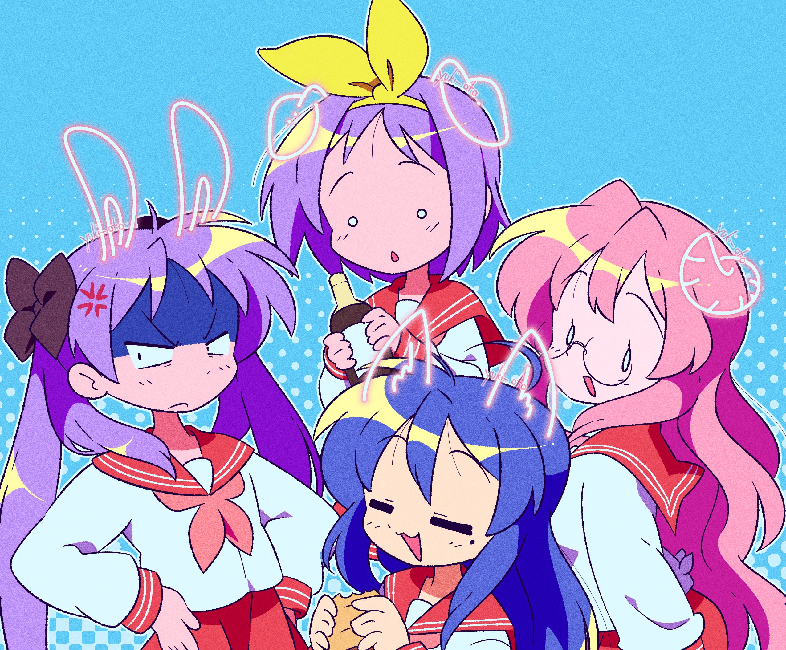 yuki oto, hiiragi kagami, hiiragi tsukasa, izumi konata, takara miyuki, lucky star, highres, 4girls, :3, = =, ahoge, anger vein, animal ears, blue background, blue hair, bottle, chocolate cornet, closed eyes, dog ears, food, fox ears, frown, glasses, holding, holding bottle, holding food, horns, long hair, mole, mole under eye, multiple girls, pink hair, purple hair, rabbit ears, round eyewear, ryouou school uniform, school uniform, shaded face, sheep horns, short hair, twintails