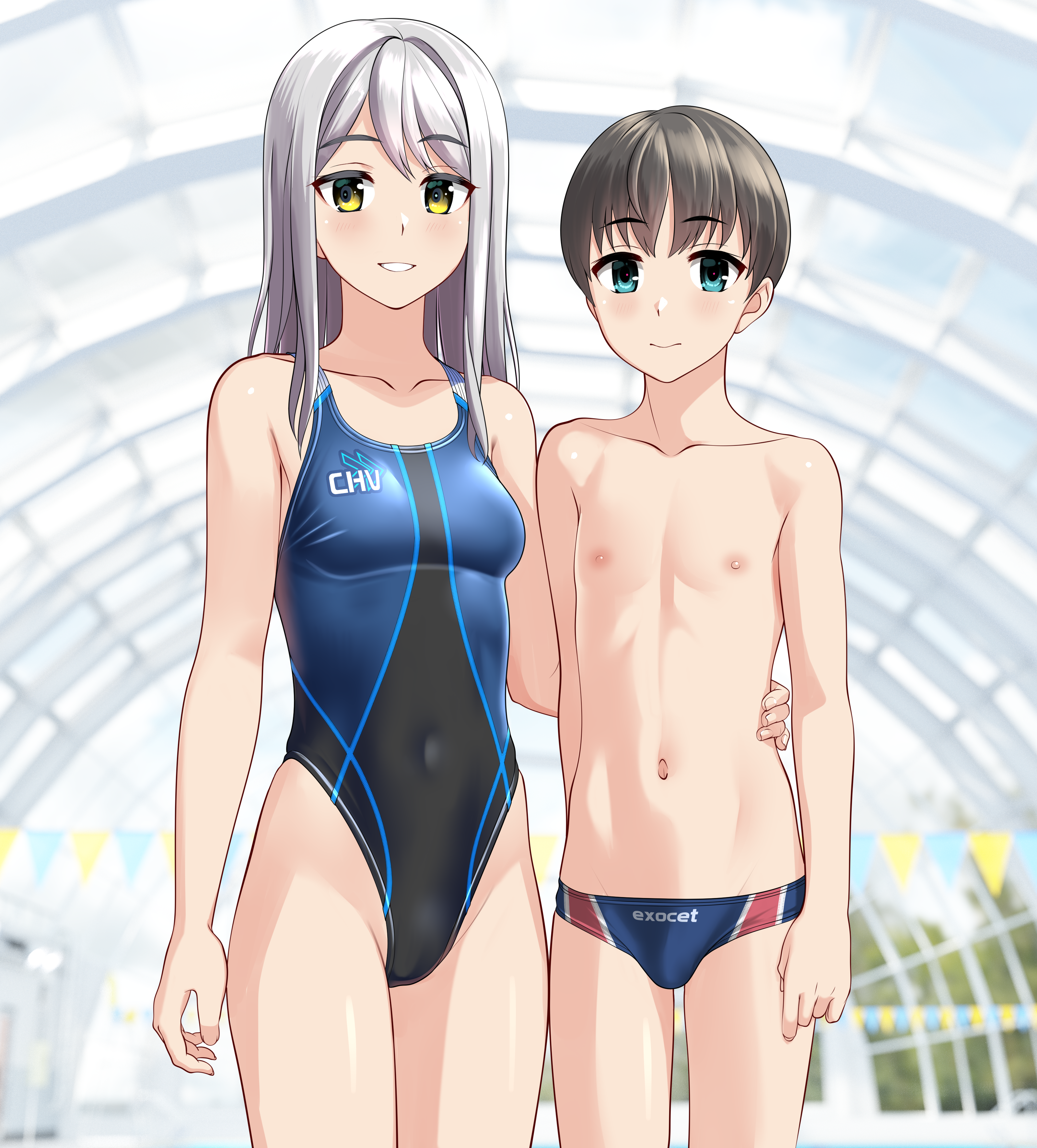 takafumi, original, absurdres, commentary request, highres, variant set, 1boy, 1girl, age difference, black hair, blue male swimwear, blue one-piece swimsuit, breasts, bulge, competition swimsuit, covered navel, cowboy shot, glass ceiling, green eyes, grey hair, height difference, highleg, highleg one-piece swimsuit, indoors, long hair, male swimwear, medium breasts, navel, one-piece swimsuit, onee-shota, parted lips, short hair, smile, string of flags, swim briefs, swimsuit, two-tone male swimwear, two-tone swimsuit, yellow eyes