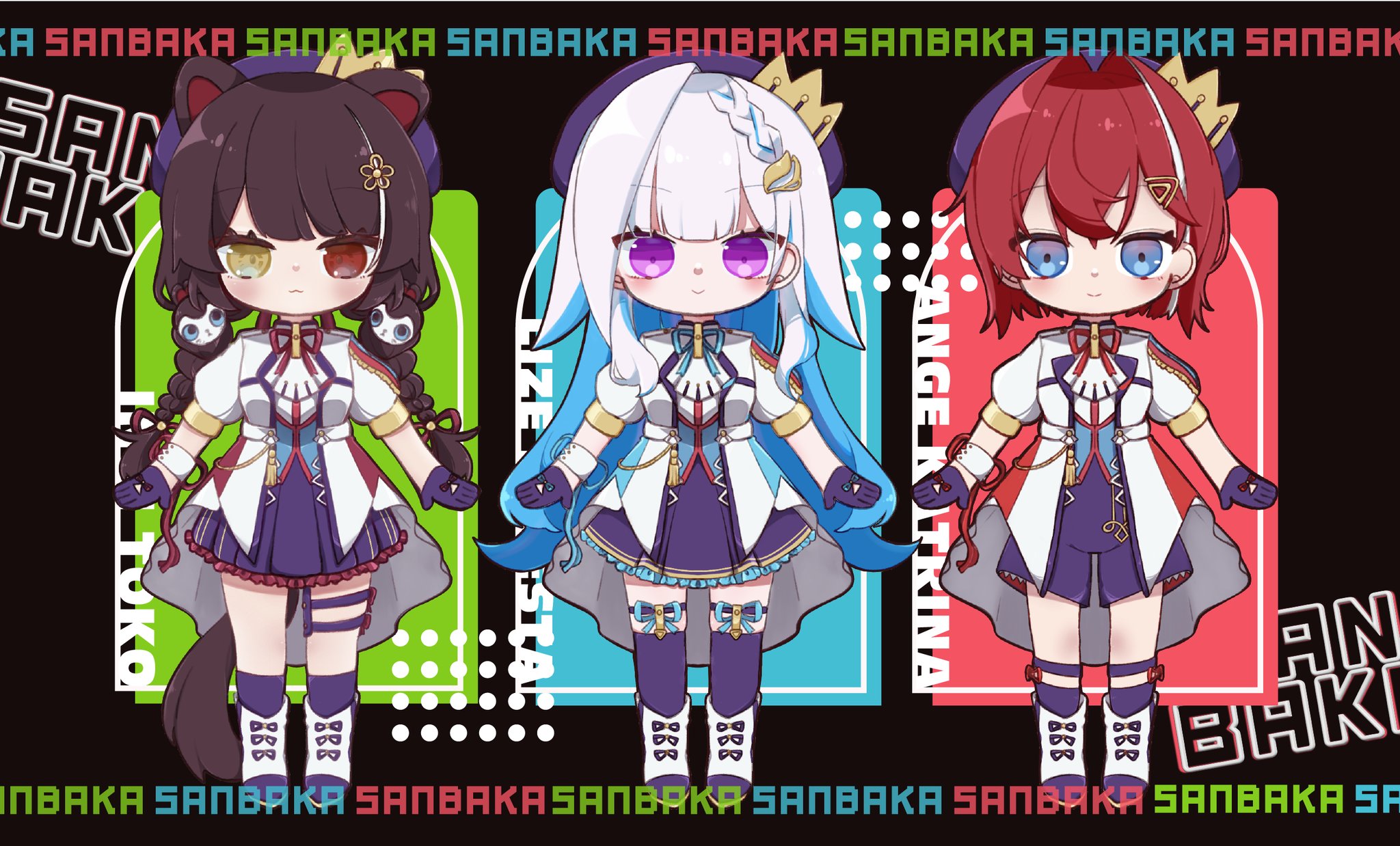 ange katrina, inui toko, lize helesta, nijisanji, commentary request, highres, 3girls, :>, :3, animal ears, animal hair ornament, ankle boots, beret, black background, blue eyes, blue hair, blue ribbon, blush, boots, braid, brown hair, brown tail, character name, closed mouth, colored inner hair, crown hat ornament, deformed, dog ears, dog girl, dog tail, flower, frilled skirt, frills, full body, gloves, gradient eyes, group name, group picture, hair flower, hair intakes, hair ornament, hair ribbon, hat, heterochromia, idol clothes, jacket, leg ribbon, legwear garter, long hair, looking at viewer, low twin braids, medium hair, miniskirt, multicolored eyes, multicolored hair, multiple girls, nanasiakuru, neck ribbon, pleated skirt, puffy short sleeves, puffy sleeves, purple eyes, purple gloves, purple hat, purple ribbon, purple shorts, purple skirt, purple socks, purple thighhighs, red eyes, red hair, red ribbon, ribbon, sanbaka (nijisanji), sanbaka anniversary outfit, short sleeves, shorts, single wrist cuff, skirt, smile, socks, straight-on, streaked hair, tail, tassel, thigh ribbon, thigh strap, thighhighs, twin braids, two-tone hair, very long hair, virtual youtuber, white boots, white hair, white jacket, white wrist cuffs, wrist cuffs, wrist ribbon, yellow eyes