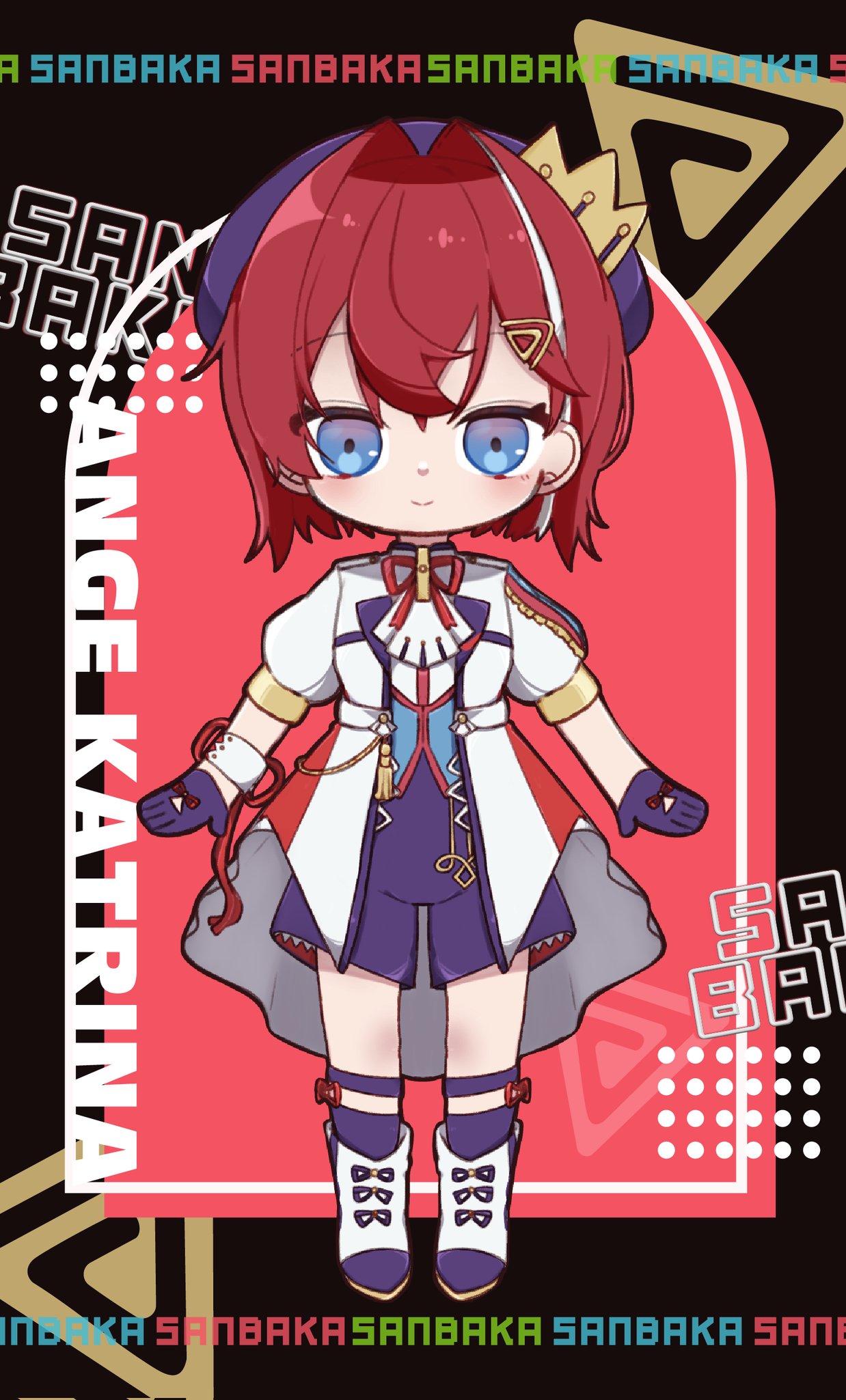 ange katrina, nijisanji, commentary request, highres, 1girl, ankle boots, beret, black background, blue background, blue eyes, blush, boots, character name, closed mouth, crown hat ornament, deformed, full body, gloves, gradient eyes, group name, hair intakes, hat, idol clothes, jacket, legwear garter, looking at viewer, medium hair, multicolored eyes, multicolored hair, nanasiakuru, neck ribbon, puffy short sleeves, puffy sleeves, purple eyes, purple gloves, purple hat, purple shorts, purple socks, red hair, red ribbon, ribbon, sanbaka anniversary outfit, short sleeves, shorts, single wrist cuff, smile, socks, solo, straight-on, streaked hair, tassel, two-tone hair, virtual youtuber, white boots, white hair, white jacket, white wrist cuffs, wrist cuffs, wrist ribbon