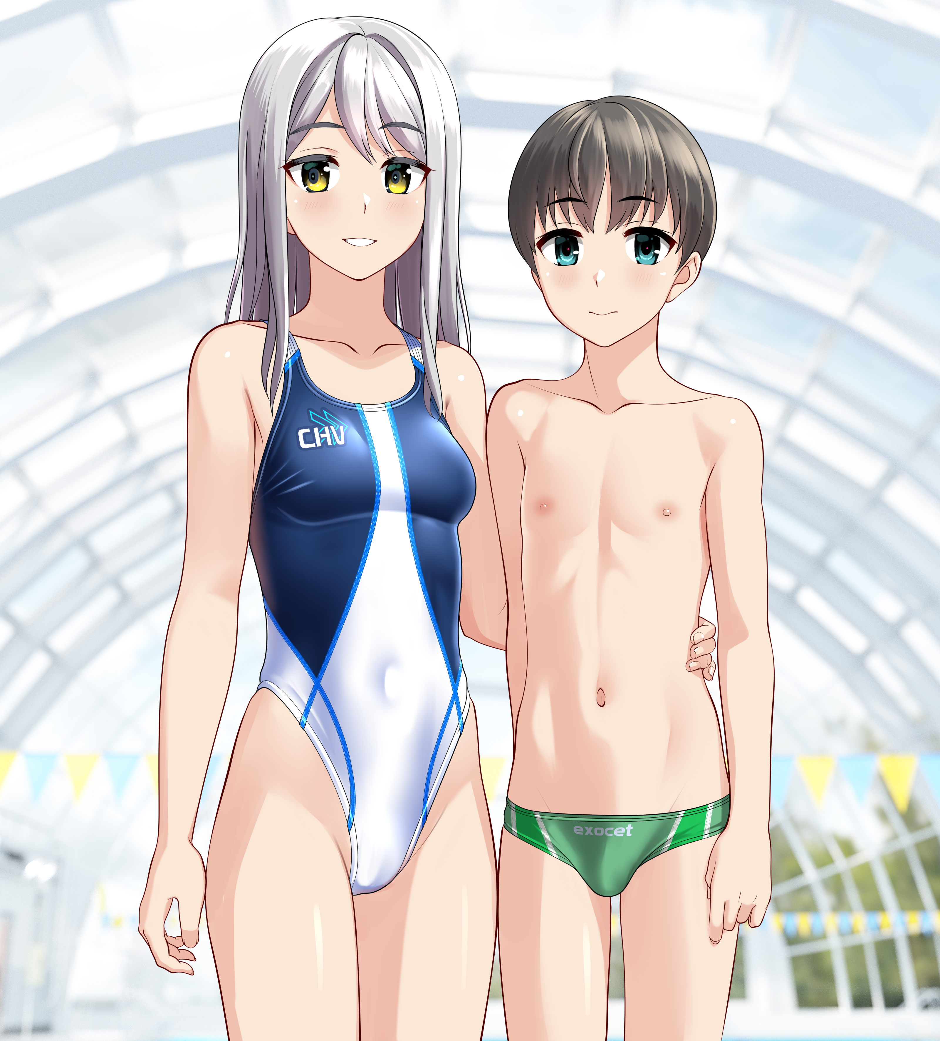 takafumi, original, absurdres, commentary request, highres, variant set, 1boy, 1girl, age difference, black hair, breasts, bulge, competition swimsuit, covered navel, cowboy shot, glass ceiling, green eyes, green male swimwear, grey hair, height difference, highleg, highleg one-piece swimsuit, indoors, long hair, male swimwear, medium breasts, navel, one-piece swimsuit, onee-shota, parted lips, short hair, smile, string of flags, swim briefs, swimsuit, two-tone male swimwear, two-tone swimsuit, white one-piece swimsuit, yellow eyes