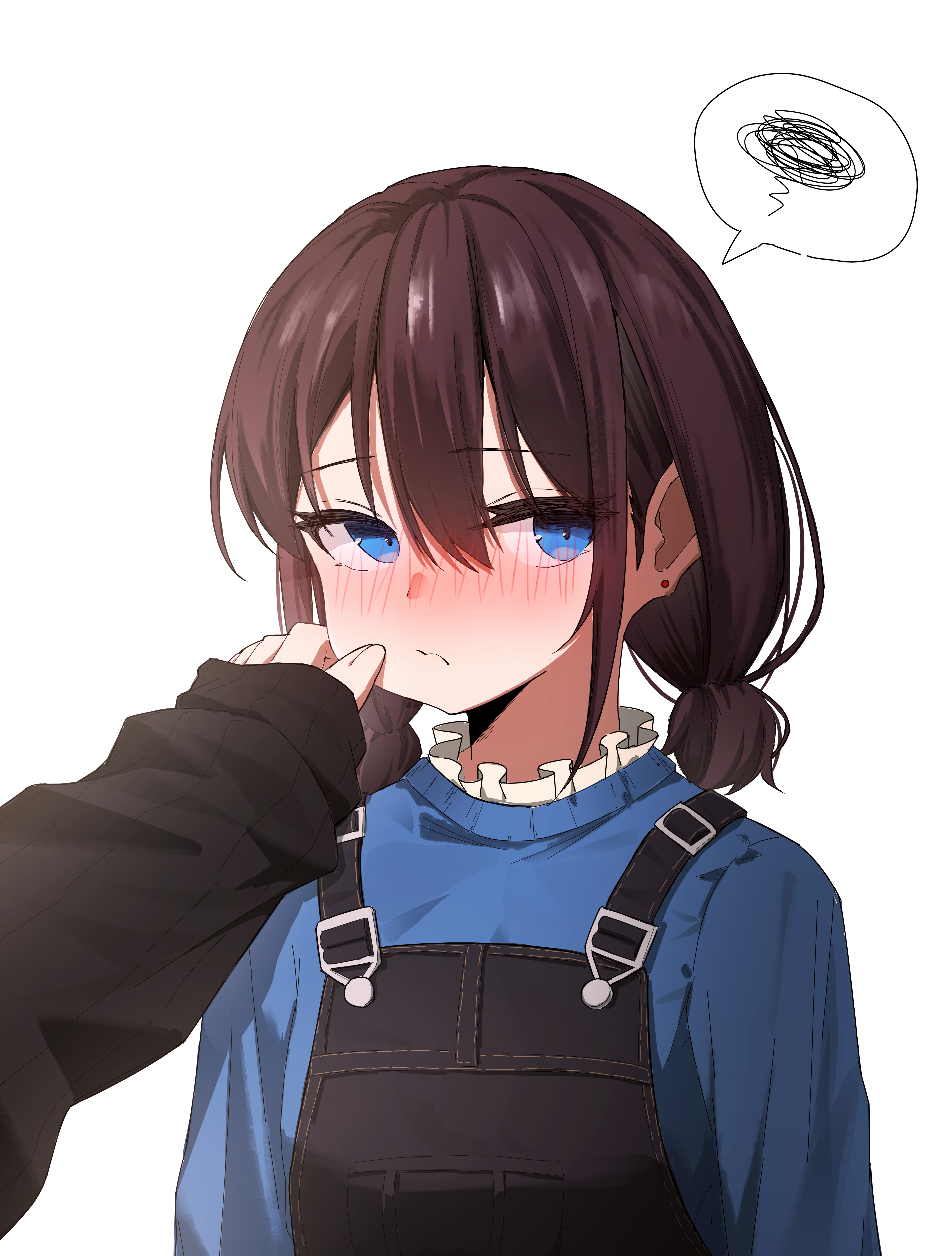 iseri nina, kawaragi momoka, girls band cry, absurdres, commentary, highres, 2girls, aijotooko, black overalls, black sweater, blue eyes, blue sweater, blush, brown hair, cheek pull, closed mouth, earrings, hair between eyes, jewelry, low twintails, multiple girls, overalls, short hair, short twintails, simple background, sleeves past wrists, spoken squiggle, squiggle, stud earrings, sweater, twintails, white background
