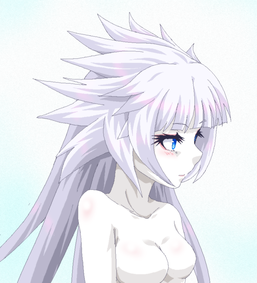 hayashiya zankurou, original, 1girl, blue background, blue eyes, blunt bangs, blush, breasts, collarbone, colored skin, expressionless, grey hair, large breasts, looking to the side, messy hair, no nipples, nude, pink lips, sidelocks, simple background, solo, spiked hair, thick eyelashes, upper body, white skin