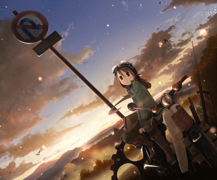 nabana, original, vehicle, 1girl, brown eyes, brown hair, cloud, dutch angle, female focus, gears, helmet, honda cub, motor vehicle, motorcycle, no u-turn sign, road sign, scenery, scooter, sign, sitting, sky, solo