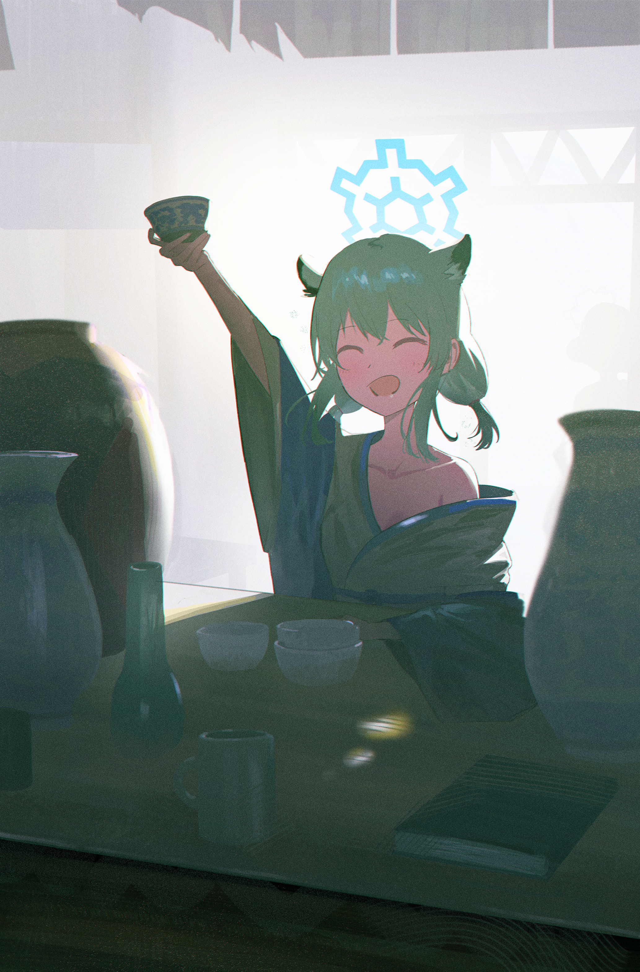 xin1, shigure (blue archive), shigure (hot spring) (blue archive), blue archive, absurdres, highres, 1girl, animal ears, aqua hair, arm up, blue halo, blush, breasts, cup, extra ears, halo, holding, holding cup, japanese clothes, kimono, low twintails, official alternate costume, official alternate hairstyle, open mouth, single bare shoulder, solo, twintails, weasel ears, weasel girl, white kimono