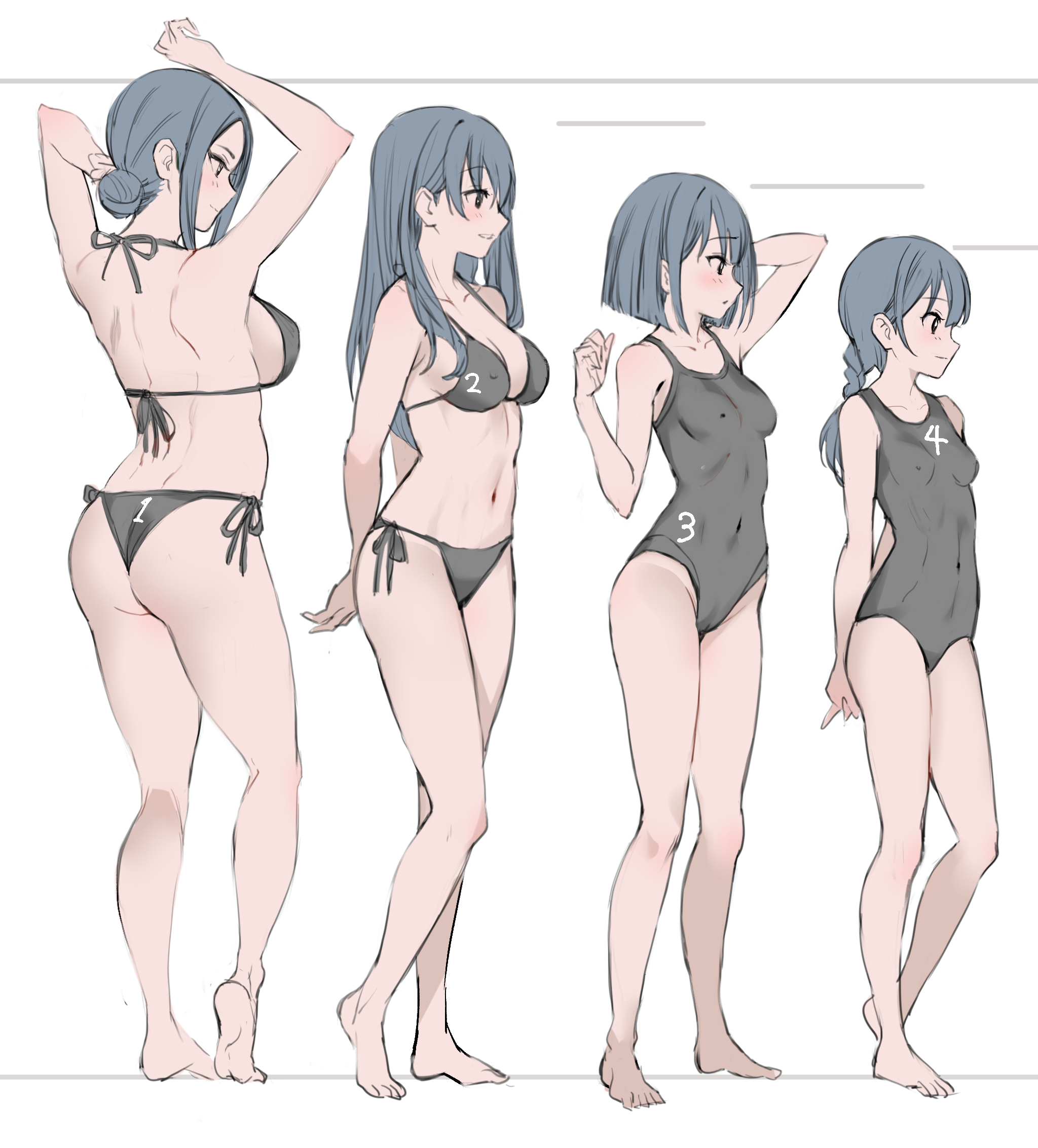 pukara, original, covered pussy, commentary request, highres, 1girl, age progression, arm up, arms behind back, arms up, bikini, black bikini, black one-piece swimsuit, blue eyes, blue hair, blush, bob cut, breasts, cameltoe, collarbone, covered erect nipples, covered navel, full body, gluteal fold, groin, hair bun, halterneck, looking ahead, medium breasts, multiple views, navel, number print, one-piece swimsuit, ponytail, side-tie bikini bottom, simple background, standing, swimsuit, white background