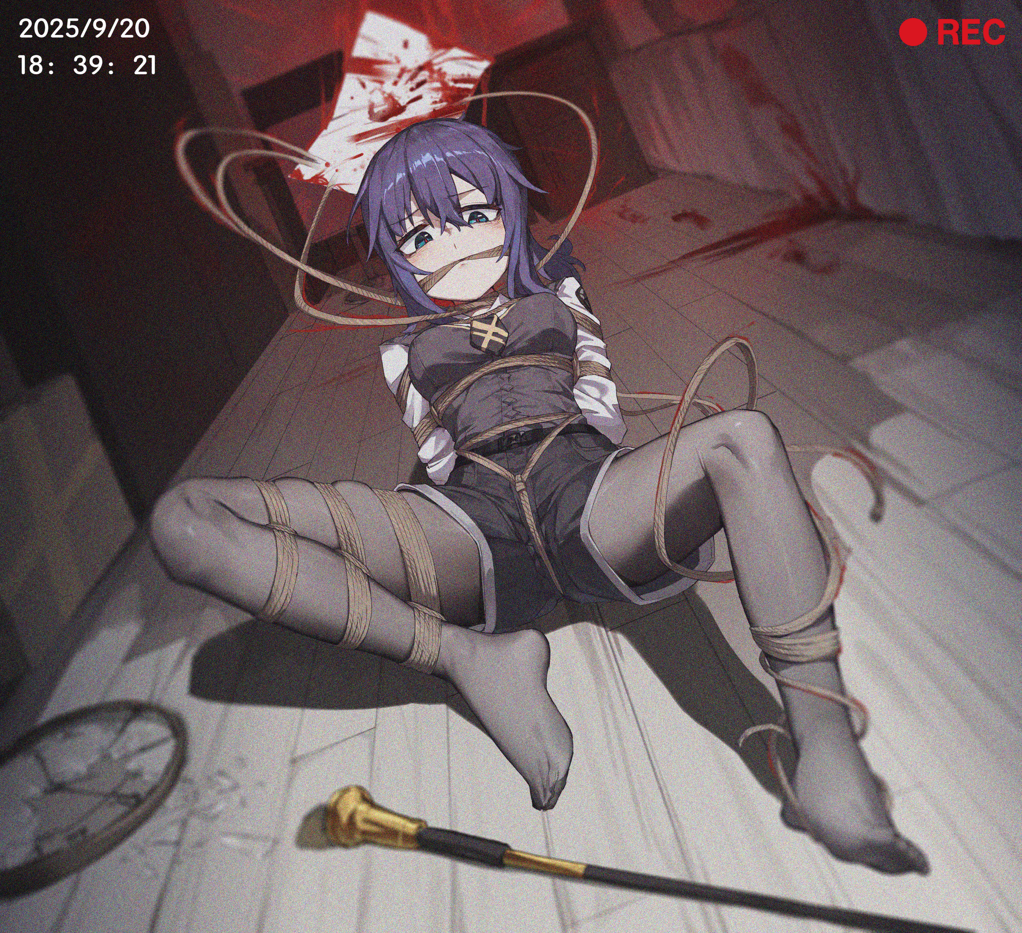 xiongmao, original, absurdres, highres, 1girl, arms behind back, bdsm, belt, black necktie, black pantyhose, blood, blue eyes, bondage, bound, breasts, crotch rope, frogtie, gag, gagged, long hair, looking down, medium breasts, necktie, pantyhose, purple hair, restrained, rope gag, shibari, shibari over clothes, shirt, shorts, solo, spread legs, vest, white shirt