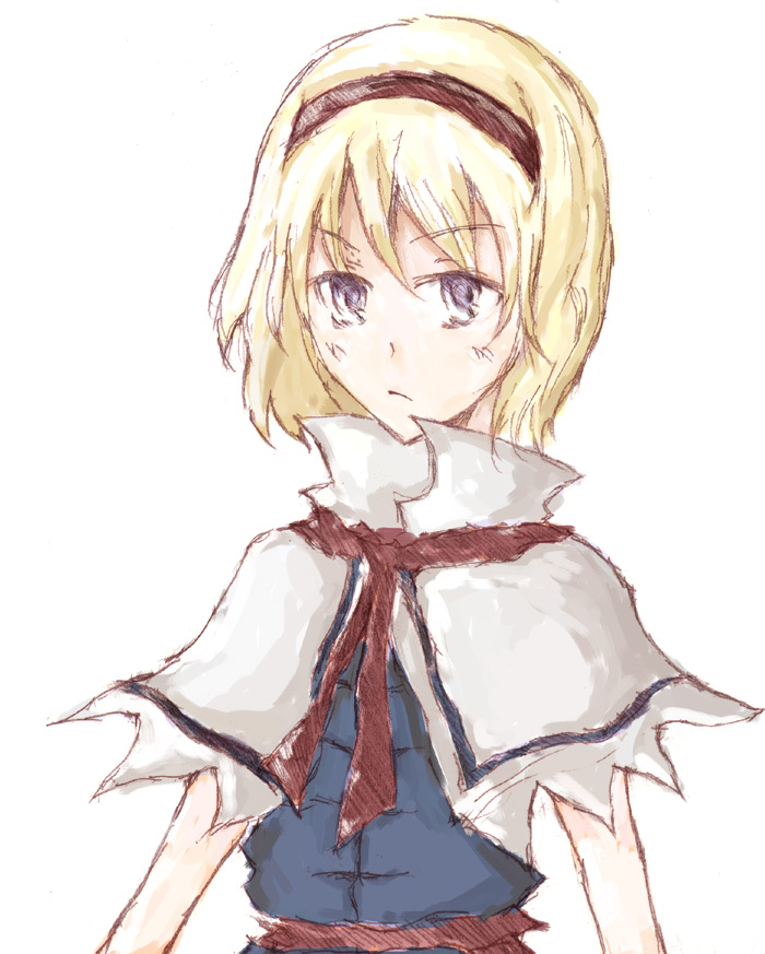 en (engawa), alice margatroid, touhou, 1girl, blonde hair, blue dress, blue eyes, blush, buttons, capelet, dress, female focus, looking at viewer, simple background, solo, white background