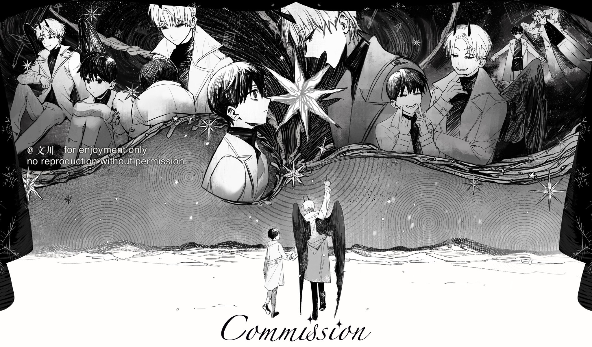kim dokja, omniscient reader's viewpoint, highres, 6+boys, black hair, black wings, cheon inho, coat, demon horns, english text, everyone, feathered wings, forced smile, full body, greyscale, grin, height difference, holding hands, horns, monochrome, multiple boys, multiple views, nicayuko, open clothes, open coat, pointing, popped collar, short hair, sky, smile, space, standing, star (sky), star trail, starry sky, swirl, white coat, white hair, wings