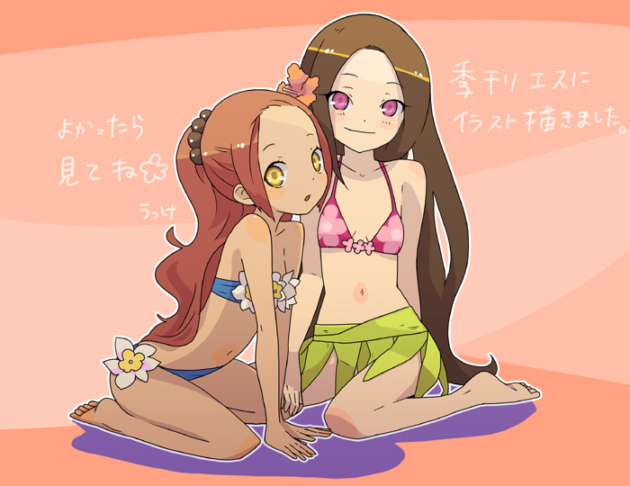 ukke, original, 2girls, barefoot, bikini, brown hair, child, flat chest, multiple girls, pink eyes, swimsuit, yellow eyes