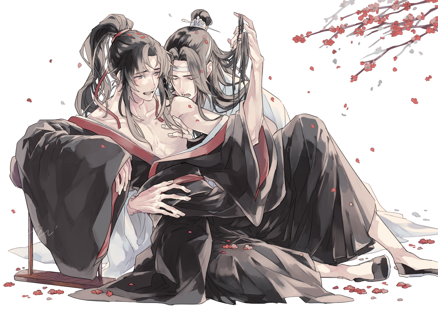 kk 07, lan wangji, wei wuxian, modao zushi, highres, 2boys, bare pectorals, bare shoulders, biting shoulder, black hair, black hanfu, black sash, black shoes, blush, branch, chinese clothes, closed eyes, collarbone, couple, falling petals, flower, full body, grey eyes, hair ribbon, hand on another's waist, hand up, hanfu, headband, hickey, high ponytail, holding another's hair, knee up, long hair, long sleeves, looking at another, male focus, multiple boys, off shoulder, open clothes, open mouth, open robe, pectorals, petals, ponytail, red flower, red petals, red ribbon, red sash, ribbon, robe, sash, shoes, sidelocks, simple background, sitting, smile, topknot, white background, white hanfu, white headband, wide sleeves, xiao guan (headdress), yaoi