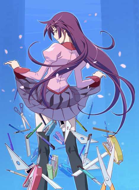 watanabe akio, senjougahara hitagi, bakemonogatari, monogatari (series), duplicate, official art, 00s, 1girl, black thighhighs, blouse, blue background, boxcutter, clothes lift, eraser, female focus, kneepits, knife, lifting own clothes, pen, pink shirt, ruler, school uniform, senjougahara hitagi skirt lift pose, set square, shirt, skirt, skirt lift, solo, stationery, thighhighs, zettai ryouiki