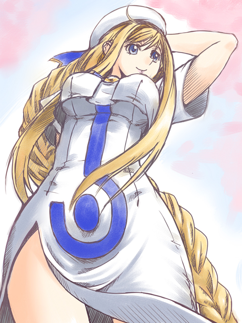 hiro kazuki, yaso shigeru, alicia florence, aria (manga), 00s, 1girl, blonde hair, blouse, braid, dress, female focus, from below, hat, long hair, shirt, smile, solo, very long hair, white shirt