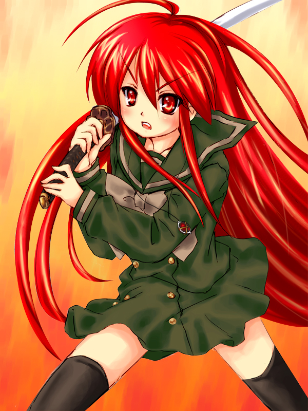 piku, alastor (shakugan no shana), shana, shakugan no shana, non-web source, 00s, 1girl, female focus, jewelry, pendant, red eyes, red hair, school uniform, solo, sword, thighhighs, weapon