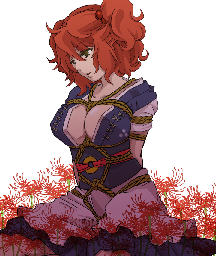 ririvery, onozuka komachi, touhou, bad id, bad pixiv id, 1girl, bdsm, bondage, bound, breasts, female focus, flower, green eyes, large breasts, red eyes, red flower, red hair, rope, shibari, solo, spider lily, twintails, two side up
