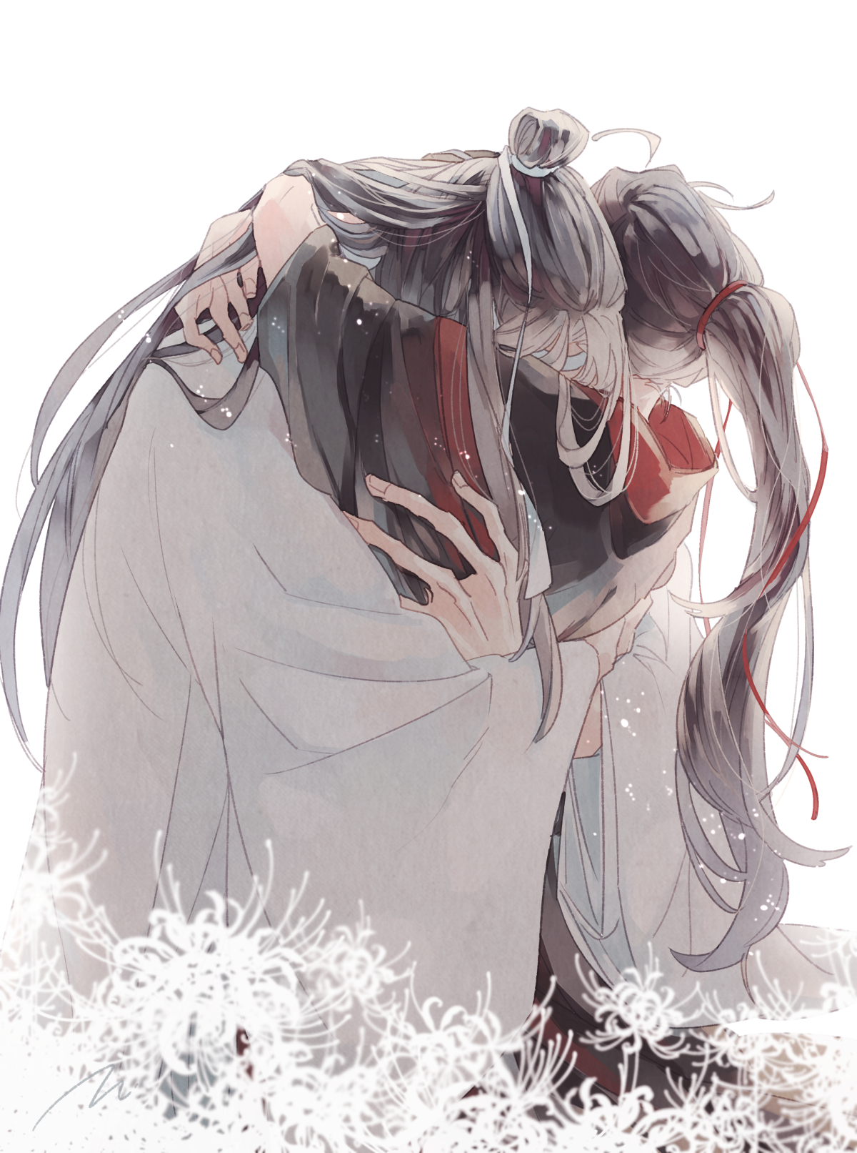 kk 07, lan wangji, wei wuxian, modao zushi, highres, 2boys, ahoge, bishounen, black hair, black hanfu, chinese clothes, couple, facing away, flower, from behind, hair ribbon, hanfu, headband, high ponytail, hug, light particles, long hair, long sleeves, male focus, multiple boys, ponytail, red ribbon, ribbon, robe, sidelocks, simple background, spider lily, topknot, upper body, very long hair, white background, white flower, white hanfu, white headband, white ribbon, wide sleeves, yaoi