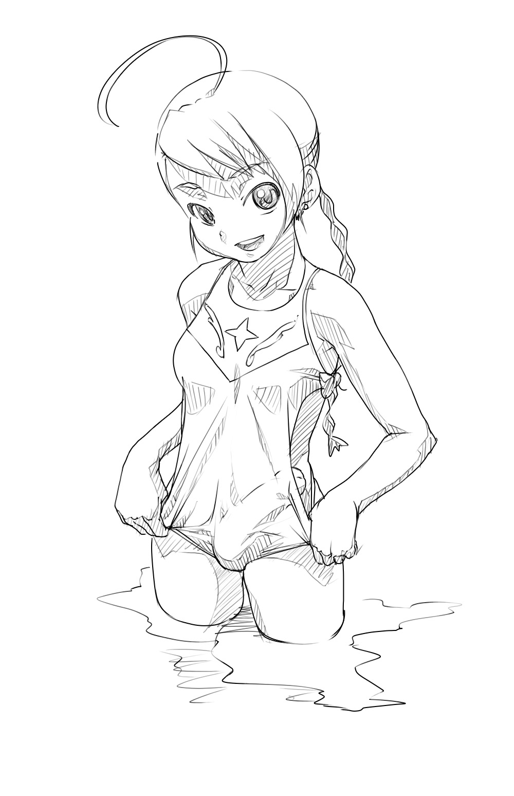 calpara, arika yumemiya, my-otome, highres, 00s, 1futa, ahoge, braid, breasts, bulge, erection, erection under clothes, futanari, greyscale, monochrome, one-piece swimsuit, penis, small breasts, solo, swept bangs, swimsuit, teeth, wading, water, wet