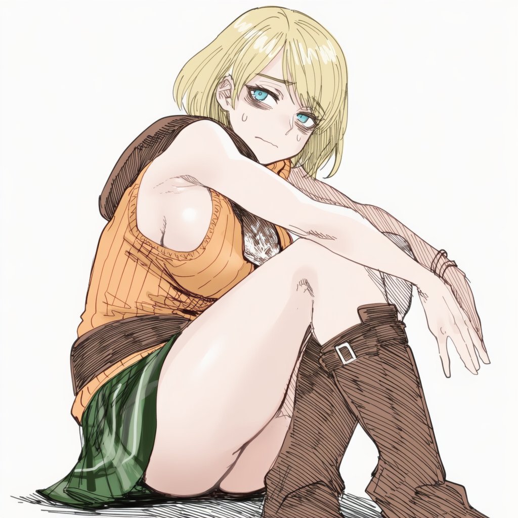lapis slopzuli, ashley graham, resident evil, resident evil 4, resident evil 4 (remake), 1girl, ass, blonde hair, blue eyes, boots, breasts, knee boots, looking at viewer, ribbed sweater, short hair, sitting, skirt, sleeveless, solo, sweatdrop, sweater