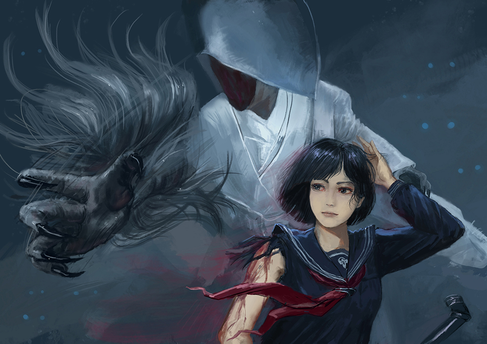 amibazh, shimizu hinako, shiromuku (silent hill), silent hill (series), silent hill f, 1girl, 1other, black claws, black hair, blood, bob cut, holding, holding lead pipe, lead pipe, motion lines, torn clothes