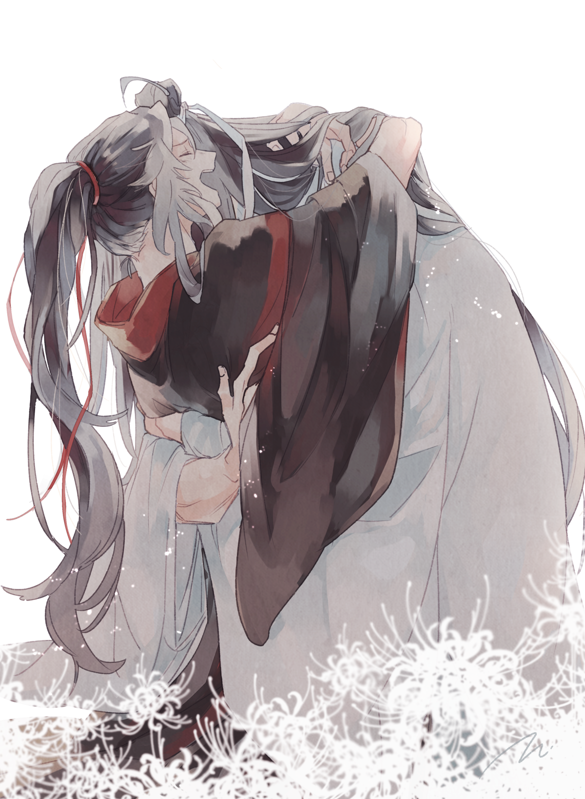 kk 07, lan wangji, wei wuxian, modao zushi, highres, 2boys, ahoge, black hair, black hanfu, chinese clothes, closed eyes, couple, flower, hair ribbon, hand in another's hair, hanfu, high ponytail, hug, laughing, light particles, long hair, long sleeves, male focus, multiple boys, open mouth, ponytail, red ribbon, ribbon, robe, sidelocks, simple background, smile, spider lily, topknot, very long hair, white background, white flower, white hanfu, wide sleeves, yaoi