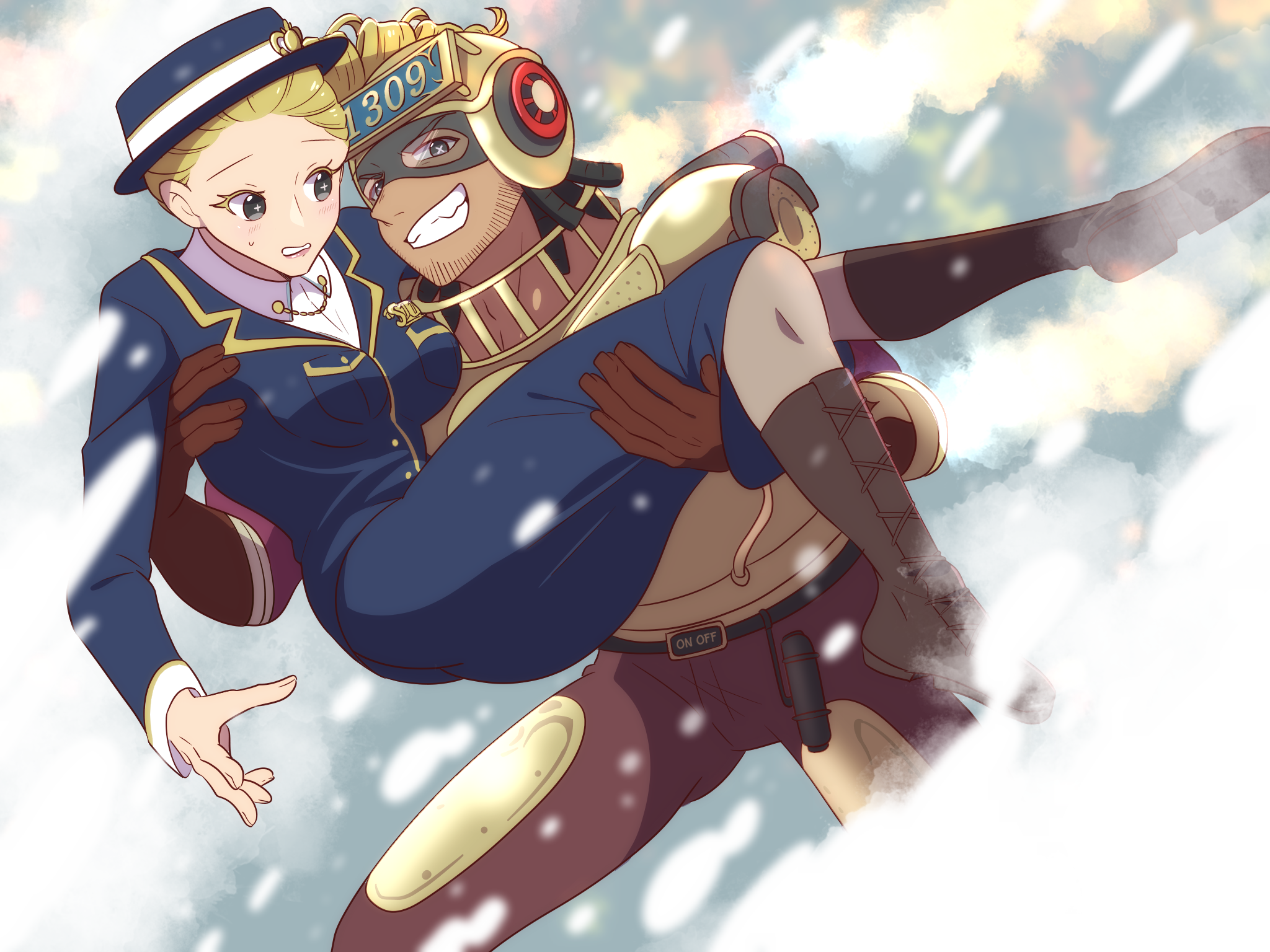 martha behamfil, william ellis, identity v, highres, + +, 1boy, 1girl, belt, blonde hair, blue dress, blue hat, boots, breasts, brown boots, brown gloves, carrying, dark-skinned male, dark skin, dress, gloves, grin, hat, helmet, hetero, medium breasts, monkeywrench, princess carry, smile