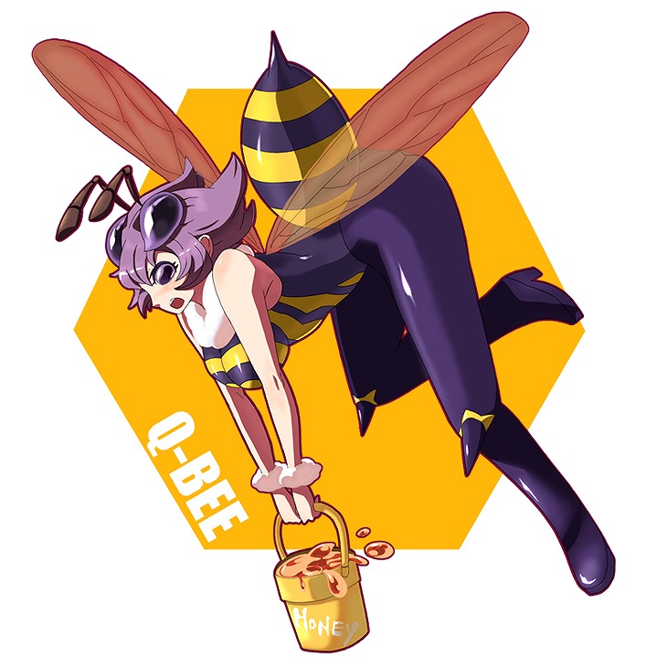 kon (kdash), q-bee, capcom, darkstalkers, 1girl, antennae, arthropod girl, bee girl, breasts, bucket, female focus, flying, honey, insect girl, insect wings, monster girl, no pupils, pantyhose, purple hair, short hair, solid eyes, solo, wings