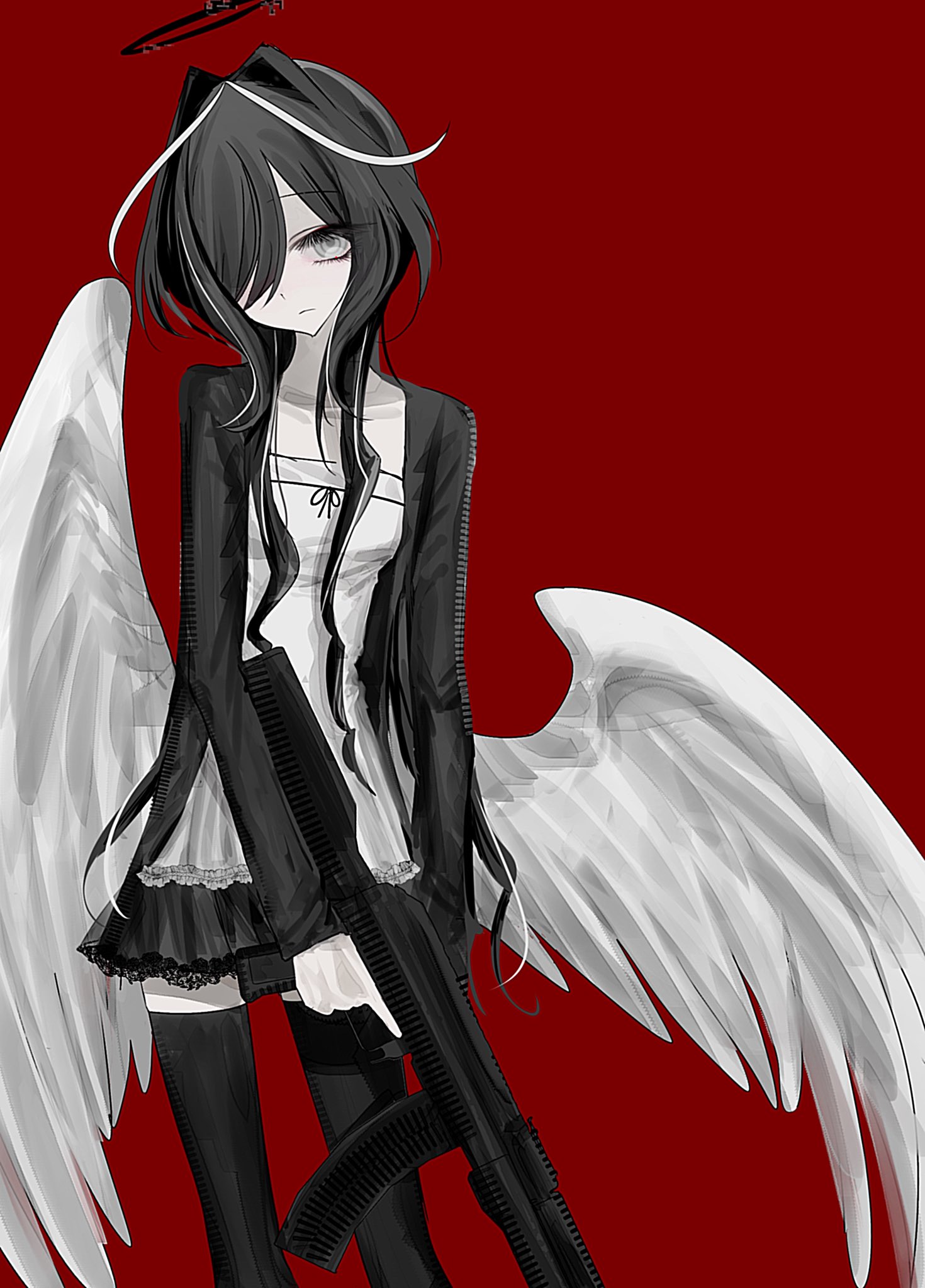 original, hashtag-only commentary, highres, 1girl, angel wings, black hair, black halo, black jacket, black skirt, black thighhighs, camisole, closed mouth, frilled camisole, frills, grey eyes, gun, hair between eyes, hair intakes, halo, head tilt, holding, holding gun, holding weapon, ilililliiilill (himepu), jacket, lace, lace-trimmed skirt, lace trim, long eyelashes, long hair, long sidelocks, looking to the side, low wings, multicolored hair, open clothes, open jacket, red background, ringed eyes, sidelocks, simple background, skirt, solo, streaked hair, thighhighs, weapon, white camisole, white hair, wings, zettai ryouiki