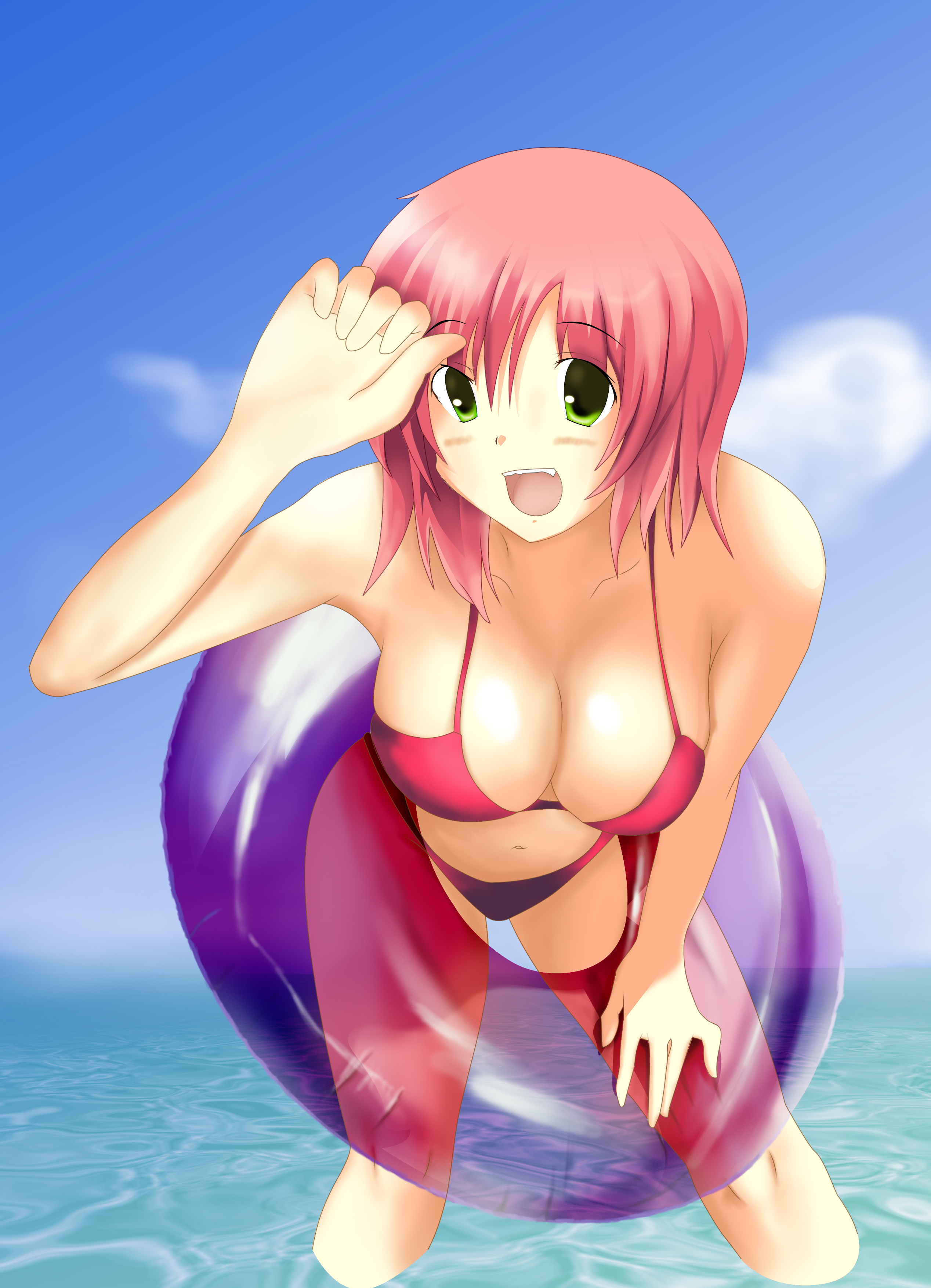 paradise king, original, absurdres, highres, 1girl, :d, bent over, bikini, breasts, cleavage, day, fang, female focus, green eyes, innertube, large breasts, navel, ocean, open mouth, red bikini, red hair, short hair, smile, solo, swim ring, swimsuit, wading, water