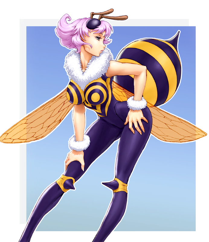 kagerou (decoi), q-bee, capcom, darkstalkers, 1girl, antennae, arthropod girl, bee girl, breasts, female focus, insect girl, large breasts, monster girl, pantyhose, purple hair, short hair, solo, wings