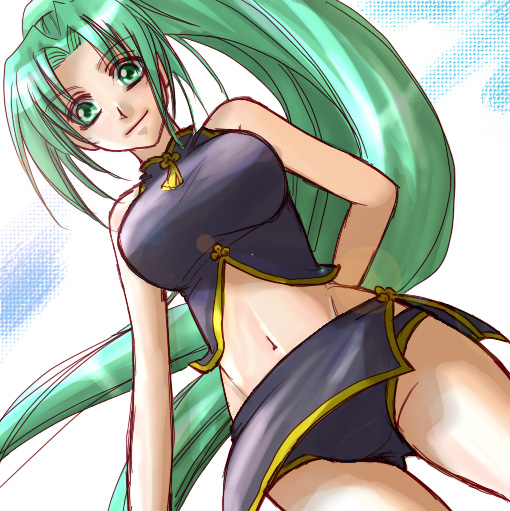 hishou kotatsu, sonozaki mion, higurashi no naku koro ni, 00s, bikini, china dress, chinese clothes, dress, from below, green eyes, green hair, ponytail, solo, swimsuit