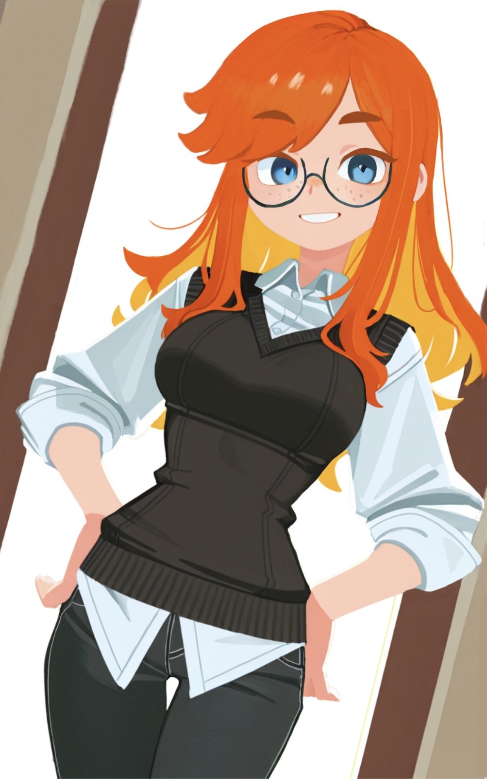 original, highres, 1girl, black-framed eyewear, blue eyes, breasts, deli mage, glasses, grin, hand on own hip, hands on own hips, long hair, looking at viewer, orange hair, pants, shirt, sleeves rolled up, smile, solo, standing, white shirt