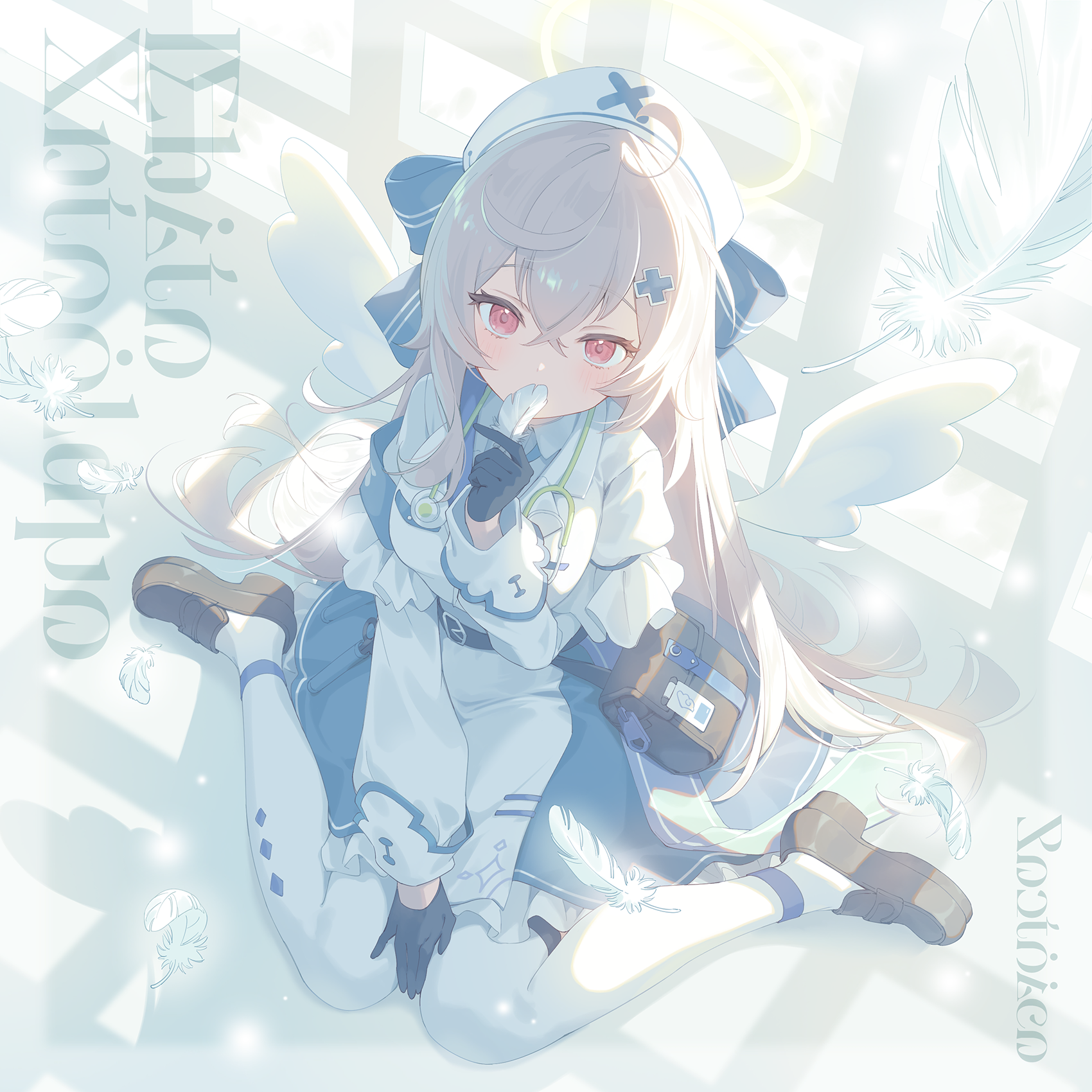 stella sora, game cg, highres, non-web source, official art, 1girl, ahoge, album cover, angel, angel wings, beatrixa (stella sora), black gloves, brown shoes, cover, crossed bangs, dress, fake cover, feathers, frilled dress, frills, gloves, grey hair, halo, hat, holding, holding feather, layered sleeves, loafers, long sleeves, looking at viewer, medium dress, nurse, nurse cap, pantyhose, puffy short sleeves, puffy sleeves, red eyes, shoes, short over long sleeves, short sleeves, sitting, solo, stethoscope around neck, traditional halo, wariza, white dress, white feathers, white pantyhose, white wings, wings