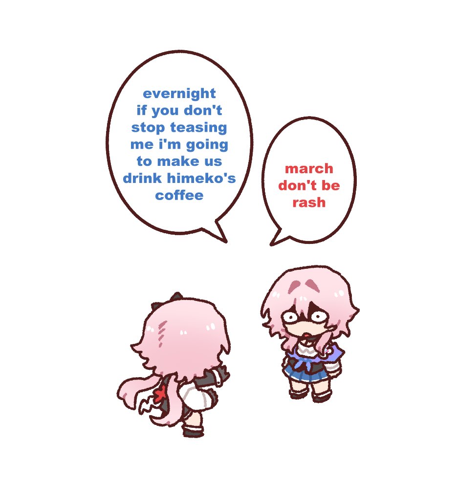 dorkdragoon, evernight (honkai: star rail), march 7th (honkai: star rail), honkai: star rail, honkai (series), 2girls, chibi, dual persona, english text, full body, multiple girls, partially shaded face, pink hair, speech bubble, standing, white background