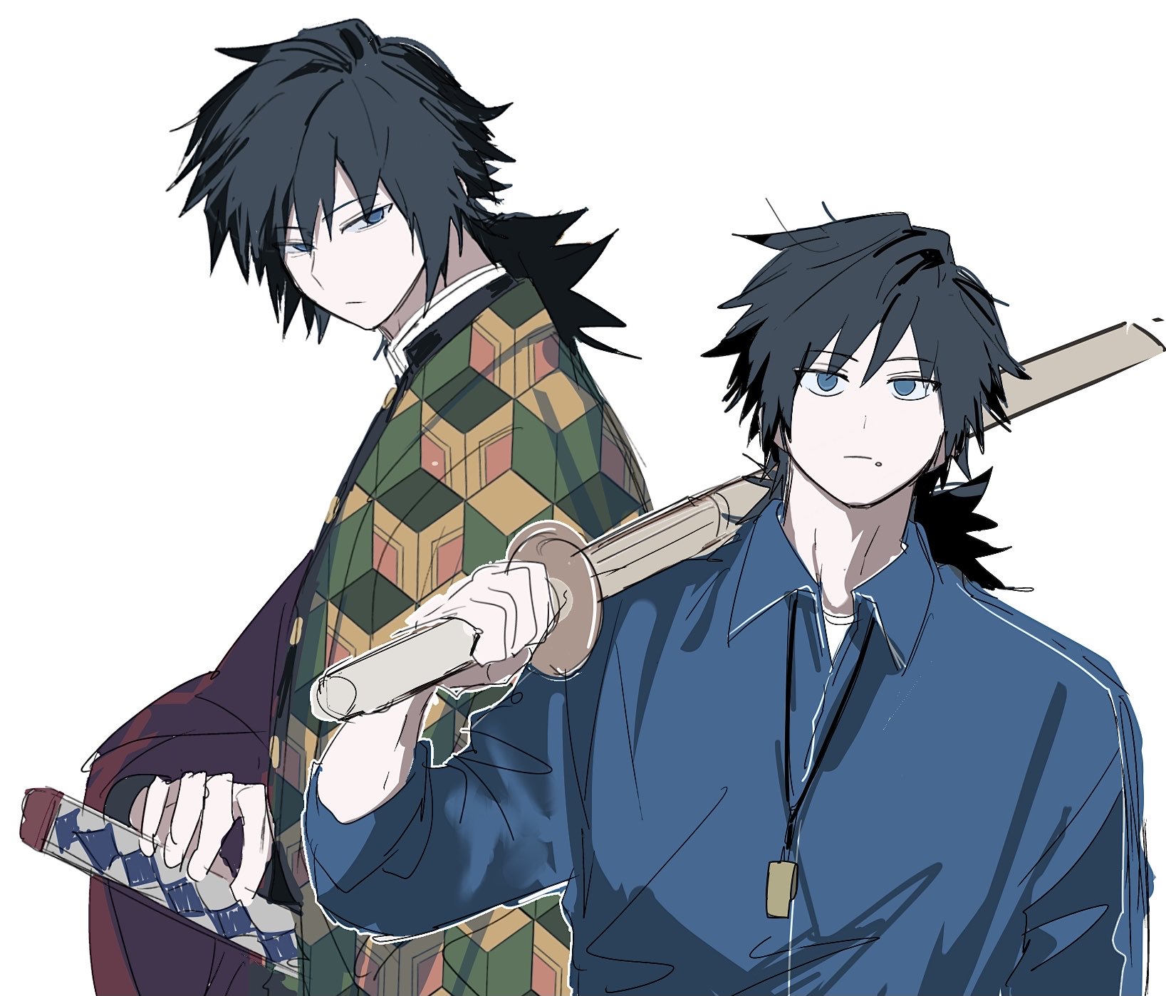 tomioka giyuu, kimetsu no yaiba, highres, 1boy, alternate costume, black hair, black jacket, blue eyes, blue jacket, buttons, demon slayer uniform, gold buttons, haori, high collar, holding, holding sword, holding weapon, jacket, japanese clothes, katana, kikkoumon, long hair, low ponytail, male focus, multiple views, ponytail, print haori, red haori, simple background, solo, spiked hair, sword, upper body, weapon, whistle, whistle around neck, white background, wooden sword, yamakadatoomota