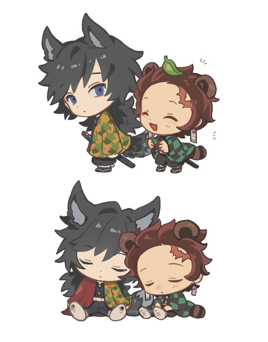 magneticfieldh, kamado tanjirou, tomioka giyuu, kimetsu no yaiba, highres, 2boys, animal ears, belt, black hair, black jacket, black pants, blue eyes, brown hair, buttons, checkered haori, chibi, chibi only, closed eyes, demon slayer uniform, earrings, full body, gold buttons, hanafuda earrings, haori, high collar, jacket, japanese clothes, jewelry, katana, kikkoumon, low ponytail, male focus, multiple boys, pants, ponytail, print haori, red haori, short hair, sitting, sleeping, smile, spiked hair, standing, sword, tail, weapon, white belt