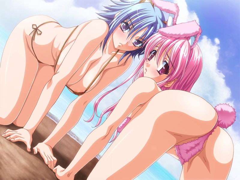 2girls, all fours, animal ears, ass, bikini, blush, breasts, cleavage, hanging breasts, multiple girls, rabbit ears, rabbit tail, swimsuit, tail