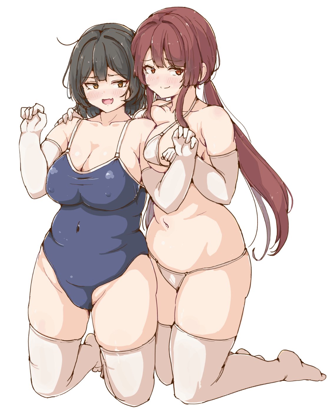 shinonon (iso shino), original, highres, 2girls, arm around shoulder, arms up, bikini, black hair, blue one-piece swimsuit, blush, breast press, breasts, brown eyes, cleavage, covered erect nipples, covered navel, elbow gloves, fang, gloves, kneeling, large breasts, long hair, low twintails, multiple girls, navel, one-piece swimsuit, open mouth, plump, red hair, short hair, sidelocks, skin fang, smile, swimsuit, thick thighs, thighhighs, thighs, twintails, white background, white bikini, white gloves, white thighhighs