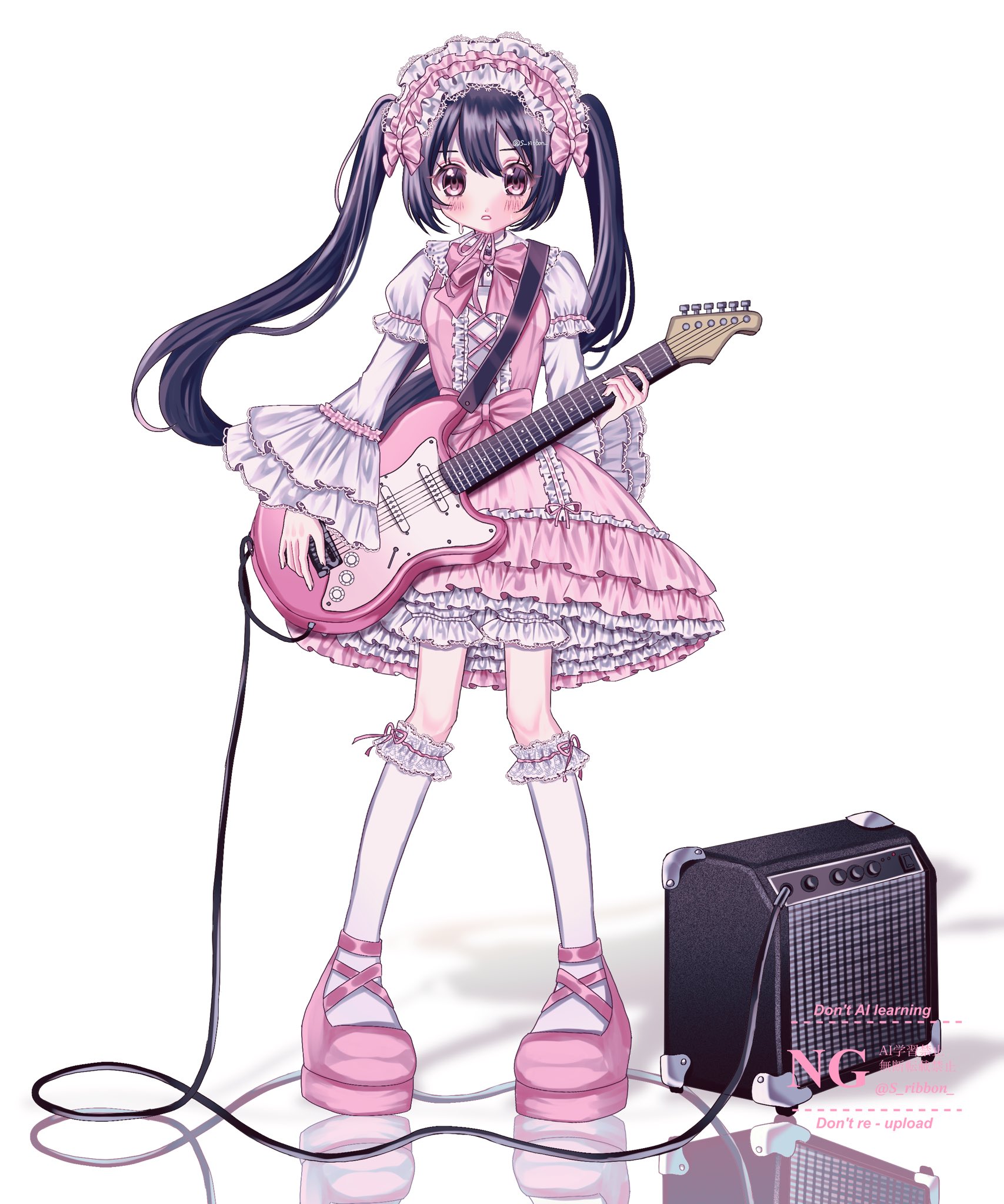 yuni (s ribbon), original, highres, 1girl, accurate lolita coord, amplifier, black hair, bloomers, blush, bow, breasts, cable, dress, electric guitar, frilled dress, frilled sleeves, frills, full body, guitar, hairband, holding, holding guitar, holding instrument, instrument, lolita fashion, lolita hairband, long hair, long sleeves, looking at viewer, mary janes, petticoat, pink bow, pink dress, pink shoes, reflection, shoes, simple background, small breasts, socks, solo, standing, sweet lolita, twintails, underwear, very long hair, watermark, white background, white socks