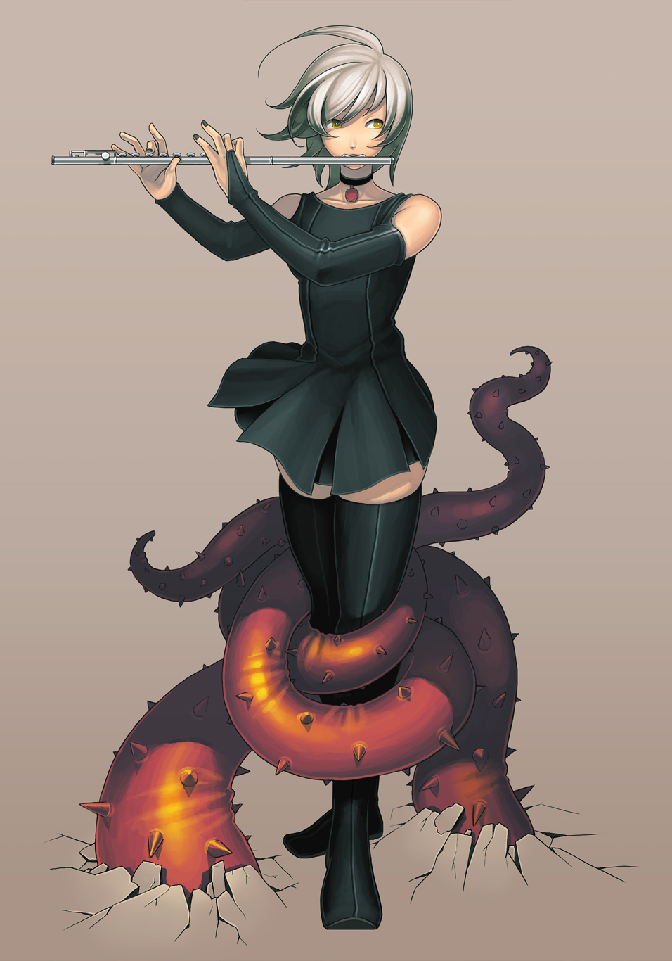 juuden, original, silver hair, highres, choker, flute, gloves, instrument, solo, thighhighs, yellow eyes, zettai ryouiki