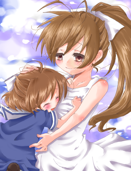 jamu, furukawa nagisa, okazaki ushio, clannad, 00s, age difference, brown eyes, brown hair, child, closed eyes, dress, hug, long hair, mother and daughter, ponytail, school uniform, short hair