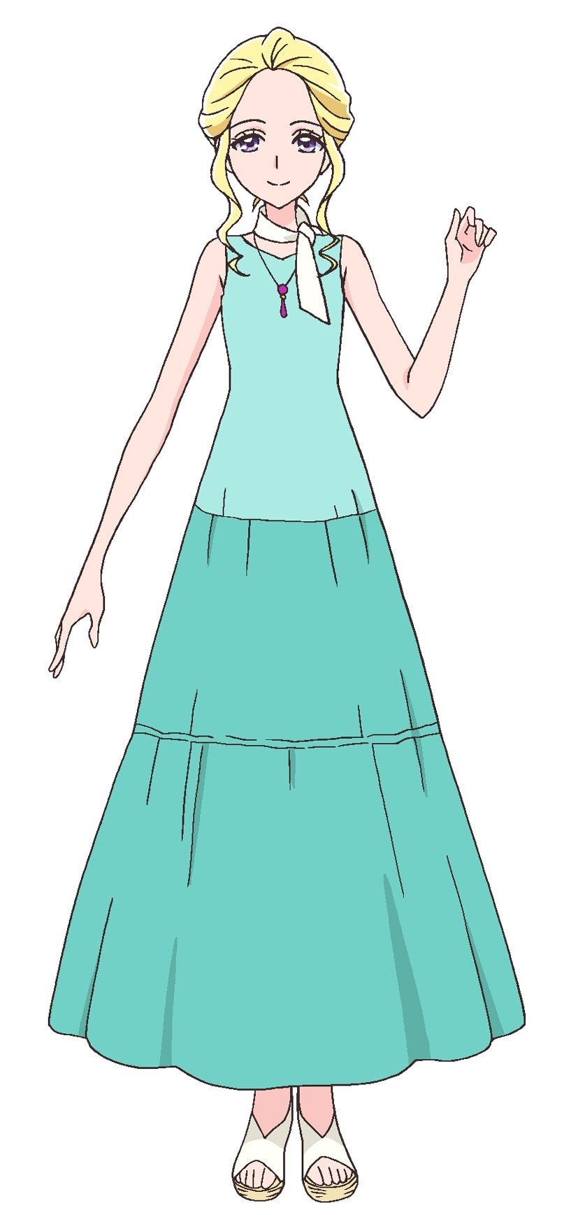 fuurin asumi, healin' good precure, precure, highres, official art, second-party source, 1girl, blonde hair, closed mouth, dress, full body, green dress, hand up, jewelry, long dress, long hair, looking at viewer, necklace, purple eyes, sandals, scarf, simple background, sleeveless, sleeveless dress, smile, solo, standing, tachi-e, white background, white scarf
