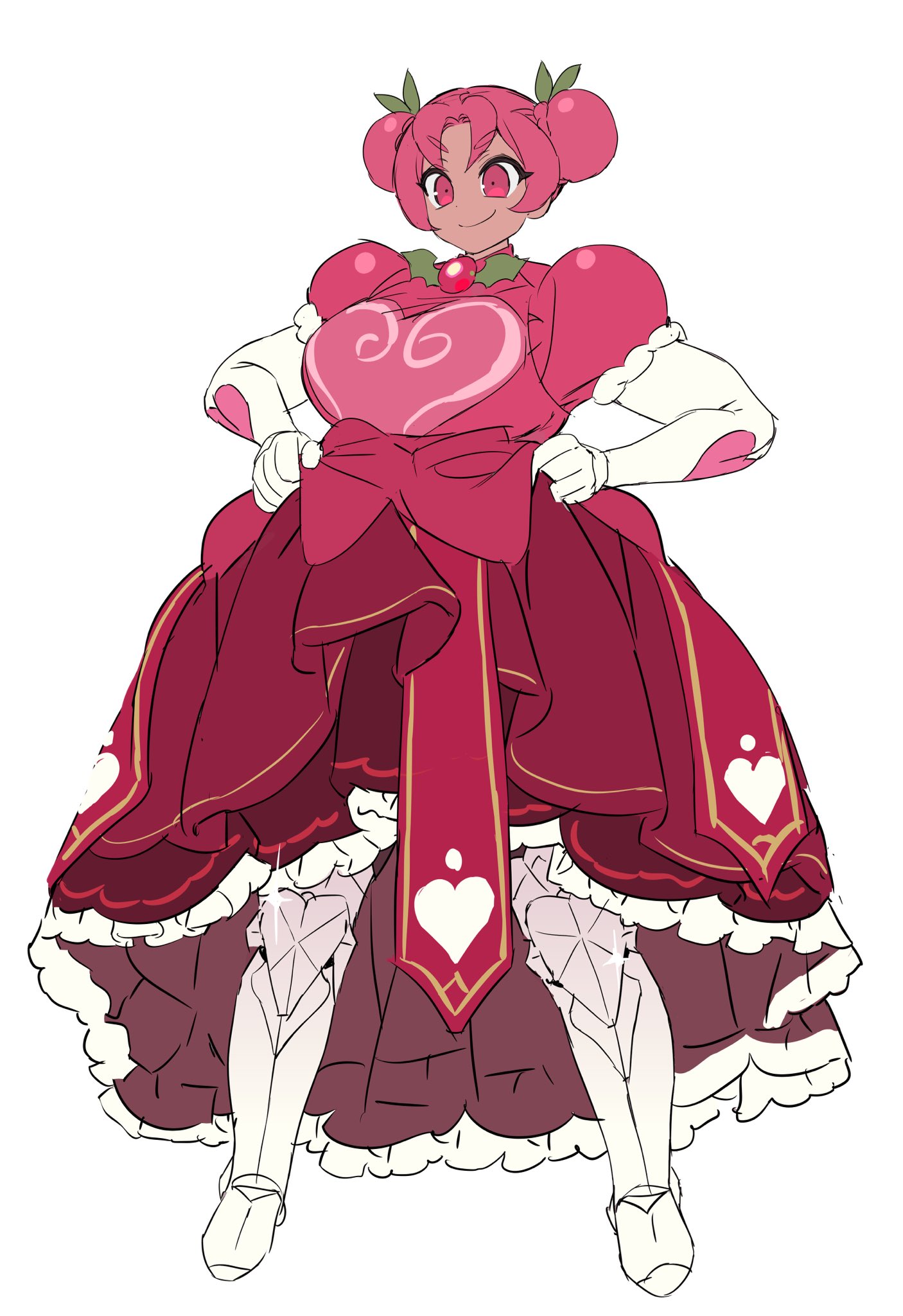 ohta guk hip, hollyberry cookie, cookie run, cookie run: kingdom, highres, >:), 1girl, armored boots, boots, breasts, brooch, closed mouth, dark-skinned female, dark skin, double bun, dress, elbow gloves, frilled dress, frills, full body, gloves, gown, hair bun, heart, heart print, holly, humanization, jewelry, large breasts, layered dress, leaf, legs apart, long dress, looking at viewer, maple leaf, multicolored dress, parted bangs, pink dress, pink eyes, pink hair, print dress, print gloves, puffy short sleeves, puffy sleeves, short hair, short sleeves, simple background, skirt hold, solo, standing, v-shaped eyebrows, white background, white boots, white gloves