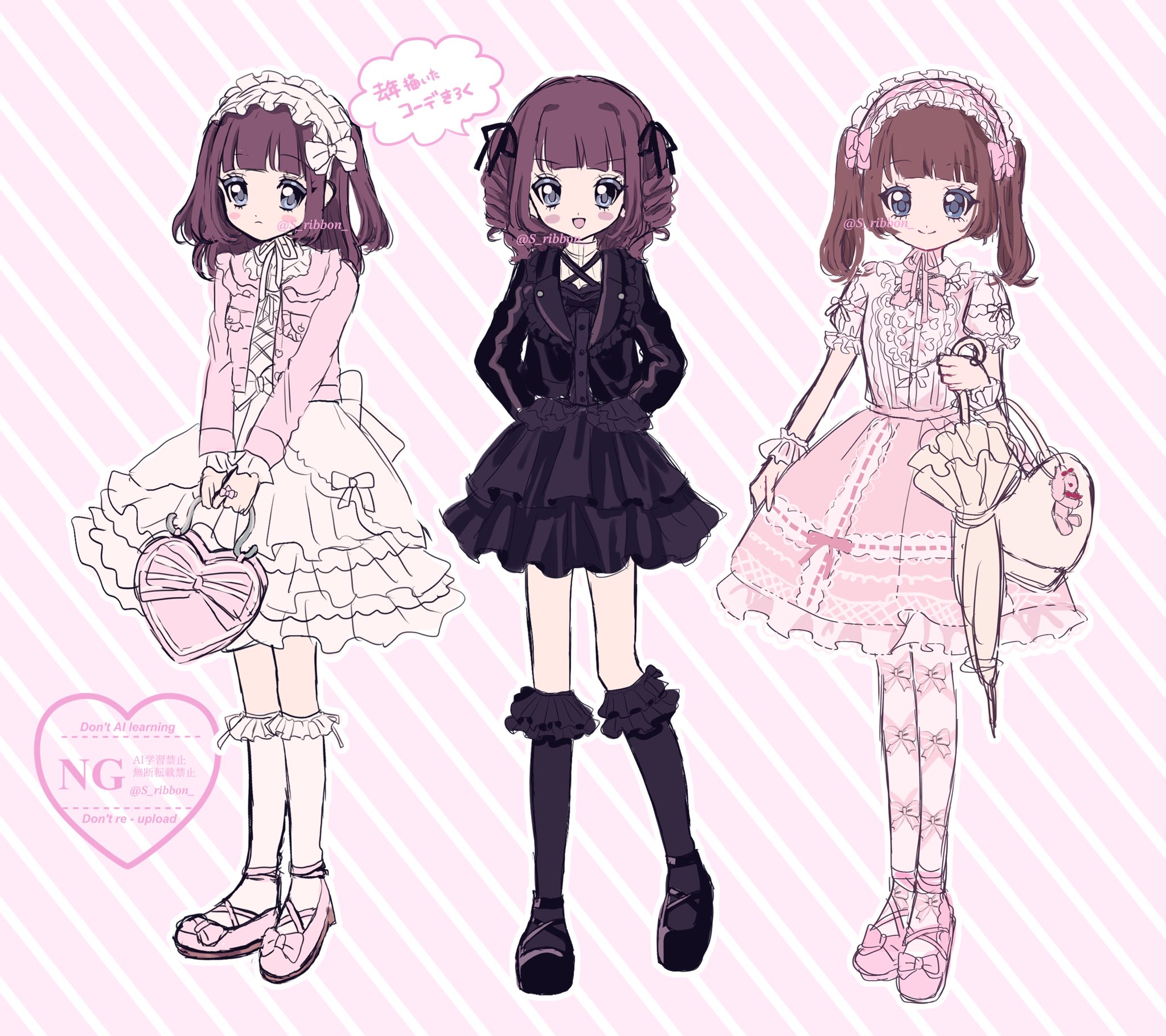 yuni (s ribbon), original, commentary request, highres, 3girls, accurate lolita coord, bag, black dress, black shoes, black socks, bow, brown hair, cardigan, closed umbrella, dress, fashion, flat chest, footwear bow, frilled dress, frills, gothic lolita, hair ribbon, hairband, handbag, heart, heart-shaped bag, holding, holding umbrella, lolita fashion, lolita hairband, long hair, long sleeves, medium hair, multiple girls, one side up, pink bag, pink bow, pink cardigan, pink dress, pink shoes, ribbon, ringlets, shoes, smile, socks, sweet lolita, twintails, umbrella, watermark, white dress, white socks