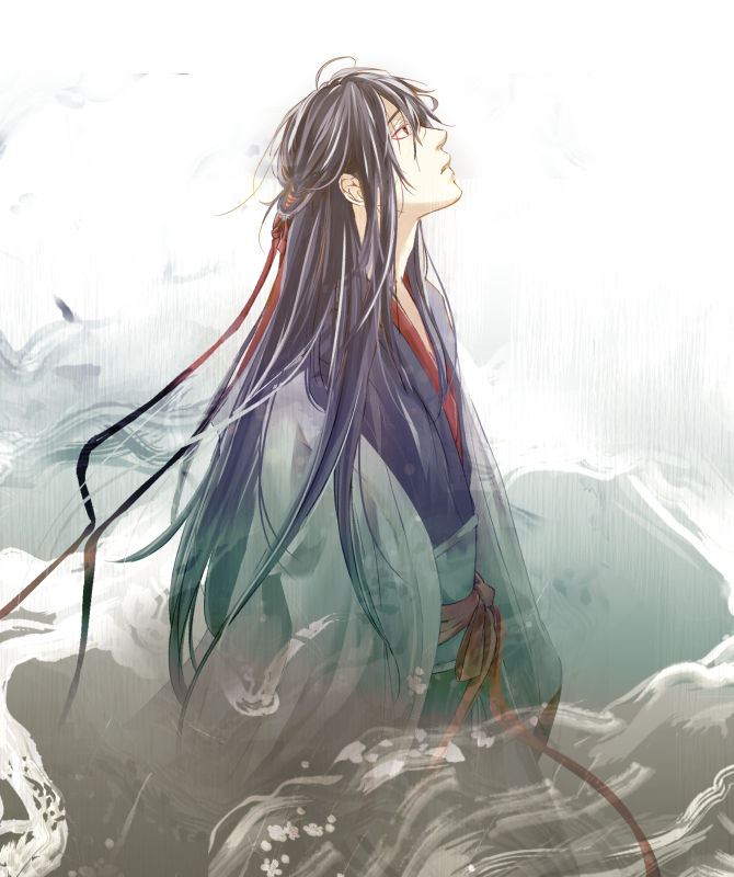 wei wuxian, wei wuxian (yiling laozu), modao zushi, 1boy, ahoge, black hair, black hanfu, chinese clothes, coat, from side, grey coat, grey sash, hair down, hair ribbon, half updo, hanfu, long hair, long sleeves, looking to the side, looking up, male focus, off shoulder, official alternate costume, official alternate hairstyle, open clothes, open coat, parted lips, profile, red eyes, red ribbon, red sash, ribbon, robe, sash, sidelocks, smoke, solo, very long hair, water, wide sleeves, wwhiledex2d