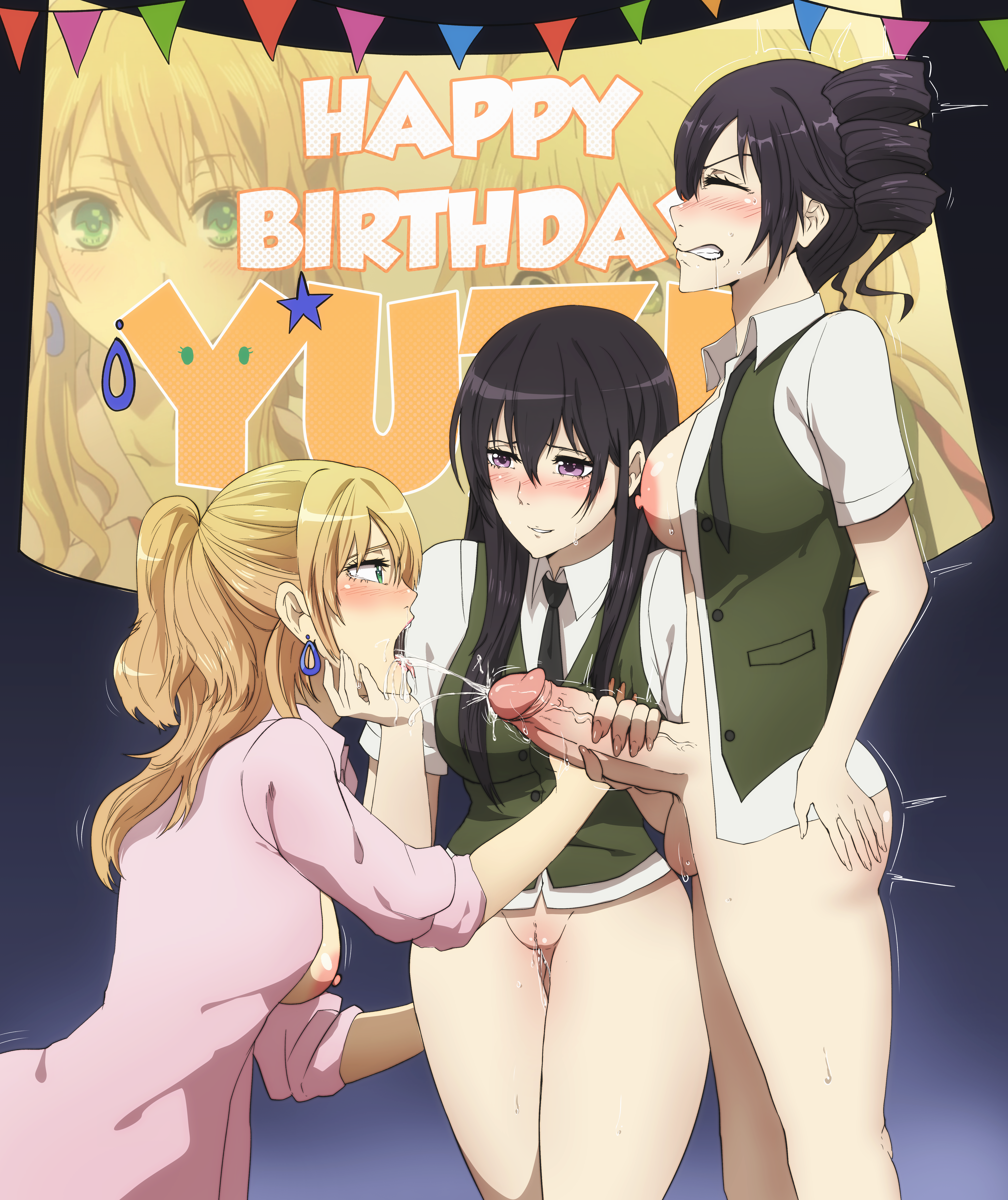 artntai, aihara mei, aihara yuzu, momokino himeko, citrus (saburouta), absurdres, highres, tagme, 1futa, 2girls, assisted fellatio, assisted sex, birthday, bottomless, cuckquean, cum, cum in mouth, futa with female, futanari, group sex, multiple girls, school uniform, threesome