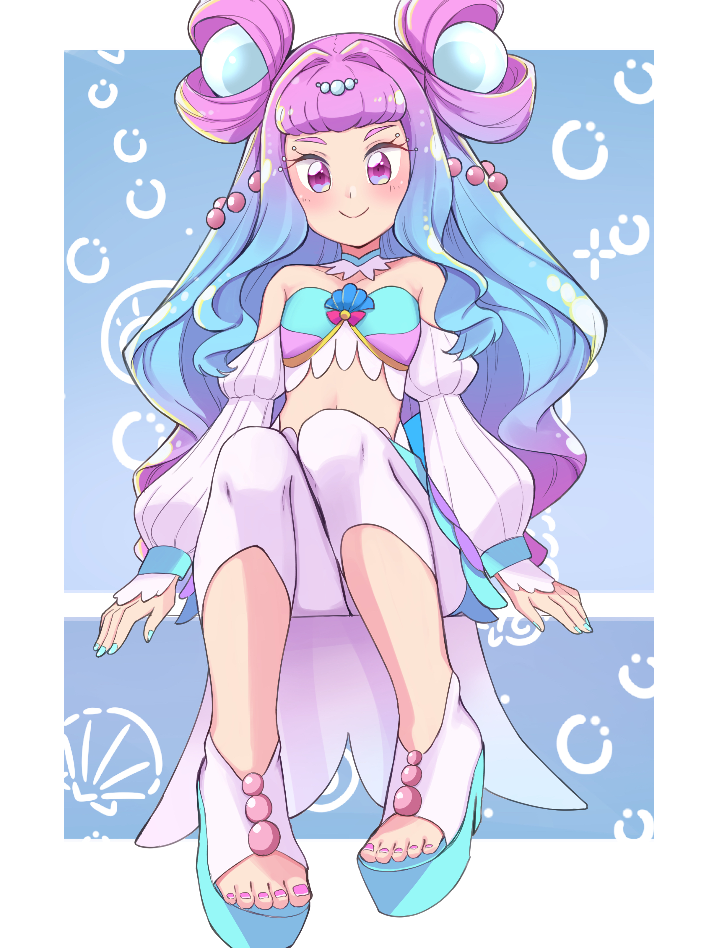 toon (noin), cure la mer, laura la mer, precure, tropical-rouge! precure, absurdres, highres, 1girl, applying pedicure, aqua eyes, aqua hair, aqua nails, blush, breasts, closed mouth, collarbone, gradient eyes, gradient hair, jewelry, long sleeves, looking at viewer, medium breasts, multicolored eyes, multicolored hair, nail polish, navel, pantyhose, pearl hair ornament, pink eyes, pink hair, sandals, sitting, smile, solo, stomach, toenail polish, toenails, toes, white pantyhose, white sandals