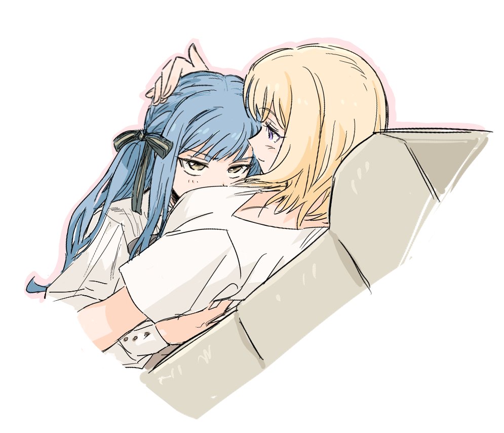 koeua2528, misumi uika, togawa sakiko, bang dream!, bang dream! it's mygo!!!!!, commentary, symbol-only commentary, 2girls, black ribbon, blonde hair, blue hair, breasts, hair ribbon, headpat, hug, long hair, long sleeves, medium breasts, medium hair, multiple girls, outline, pink outline, purple eyes, ribbon, short sleeves, sidelocks, yuri