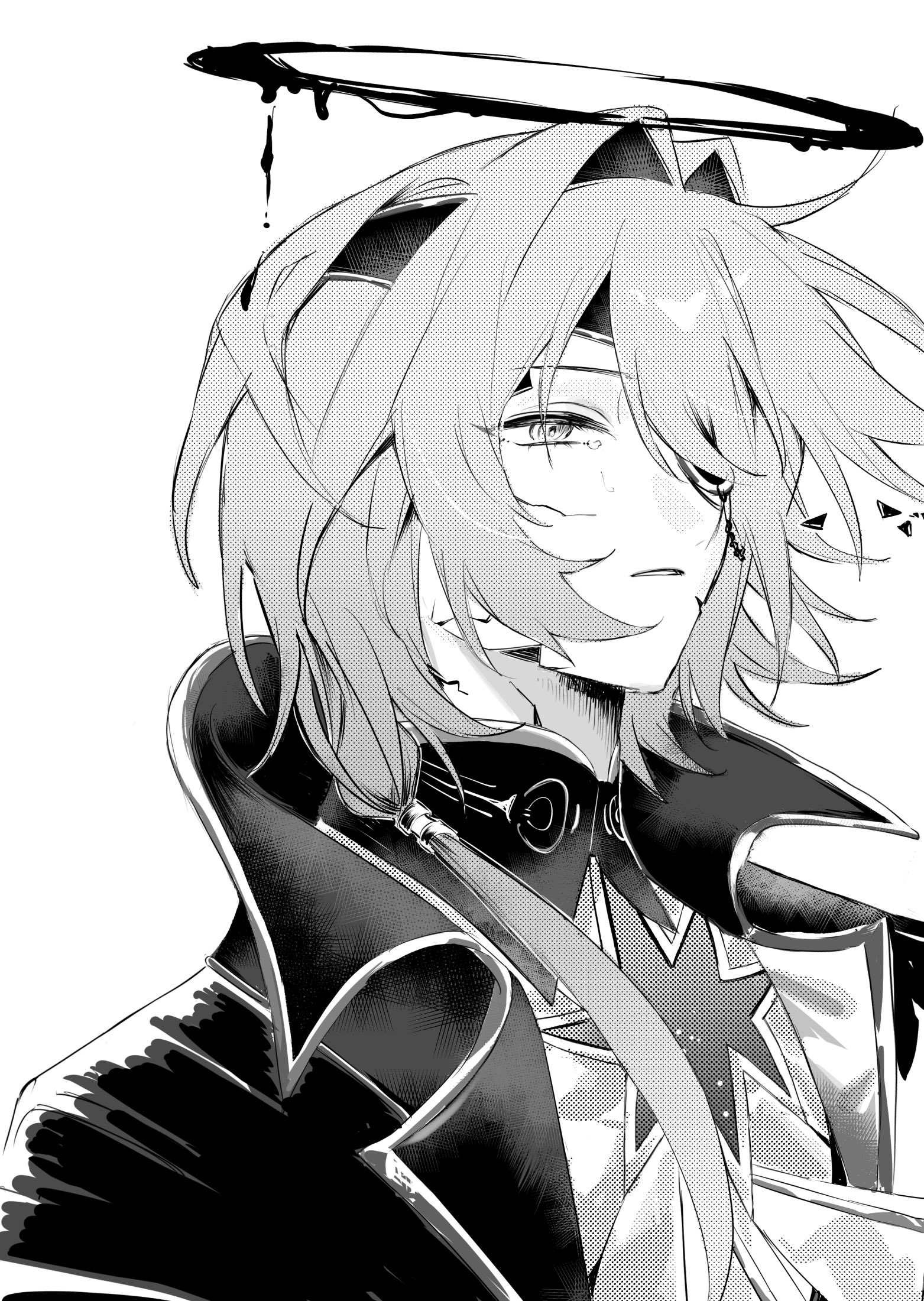 anaxa (honkai: star rail), honkai: star rail, honkai (series), highres, 1boy, ascot, chain, earrings, eyepatch, greyscale, hair between eyes, hair intakes, halo, jacket, jewelry, lapels, male focus, mandarin collar, medium hair, monochrome, notched lapels, one eye covered, parted lips, sa4gs3, shirt, side ponytail, simple background, single earring, solo, upper body, white background, white shirt