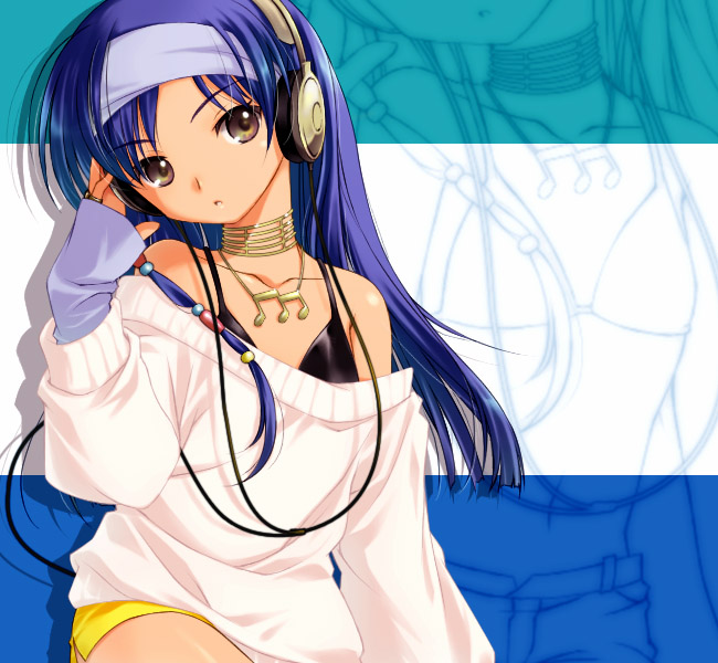 nano00, kisaragi chihaya, idolmaster, idolmaster (classic), idolmaster 1, 00s, 1girl, bare shoulders, blue hair, brown eyes, female focus, headband, headphones, jewelry, long hair, musical note, necklace, short shorts, shorts, solo, sweater