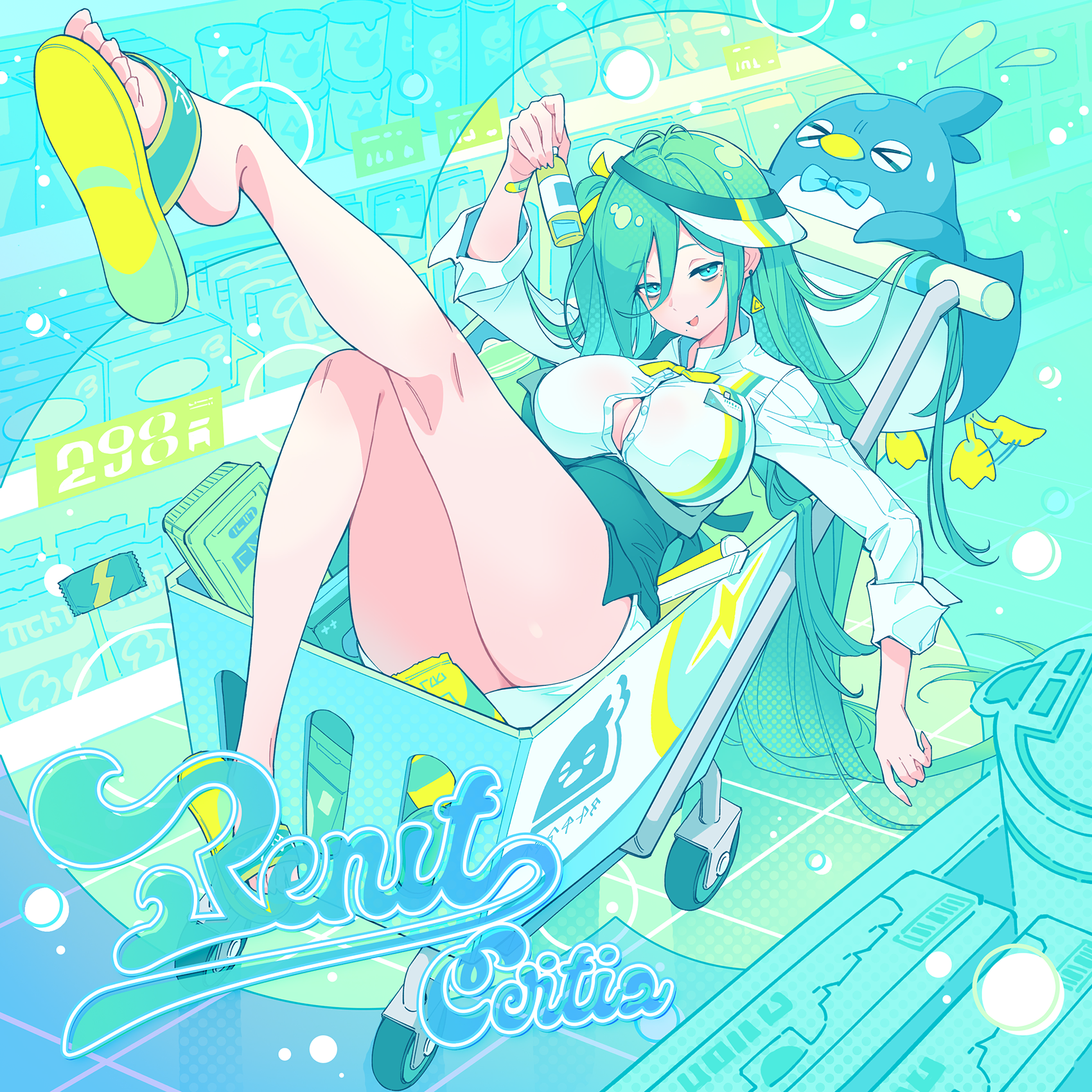 stella sora, game cg, highres, non-web source, official art, > <, 1girl, :d, album cover, apron, bird, blue eyes, bottle, breasts, button gap, cleavage, cover, earrings, fake cover, flying sweatdrops, green apron, green hair, green slippers, holding, holding bottle, in shopping cart, jewelry, large breasts, legs up, long hair, looking at viewer, miniskirt, mole, mole under mouth, open mouth, partially unbuttoned, pencil skirt, penguin, portia (stella sora), pushing cart, sherlock (stella sora), shirt, shopping cart, sideways hat, skirt, sleeves rolled up, slippers, smile, three-quarter sleeves, triangle earrings, very long hair, visor cap, white shirt, white skirt